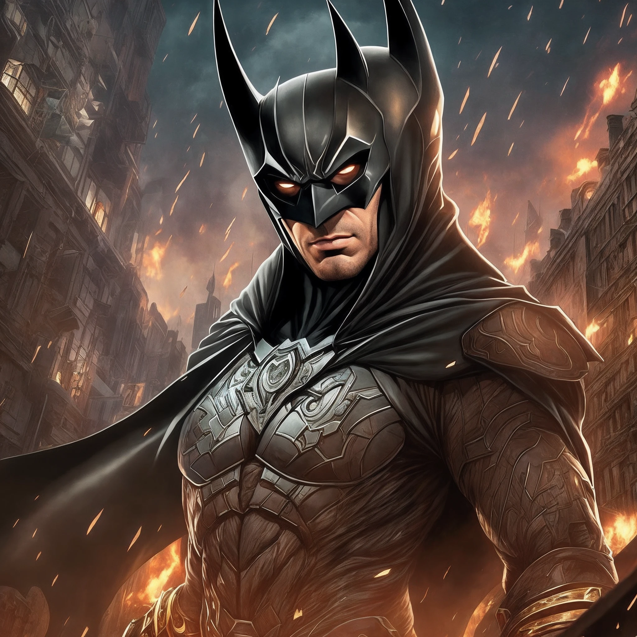 "Batman de filigrana [metal:1.1|homem:0.8|machine:1.1|sombra:0.8], manto, golden metal mask, estilo dnd, horror (tema), deslumbrante, detalhes ultra-realistas, sombras profundas, Striking lighting in night scene, ambiente rico, Scary and vivid details, atmosfera de suspense intenso" --auto --s2