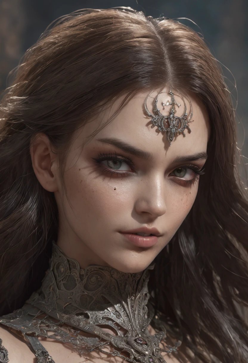 complex 3d render ultra detailed beautiful death angel, biomechanical cyborg, analog 150 mm lens, beautiful natural soft rim light, neon vein, roots, fine foliage lace, colorful details, Boris Bidjan Saberi outfit, pearl earrings, piercing, art nouveau fashion embroidered, intricate details, mesh wire, mandelbrot fractal, facial muscles, cable wires, microchip, badass, hyper realistic, ultra detailed, octane render,  volumetric lighting, 8k post-production, red and white with a bit of black, detailled metalic bones, semi human, iridescent colors, Glenn Brown style, futuristic room, power of the god, high-angle shot, complex body poses