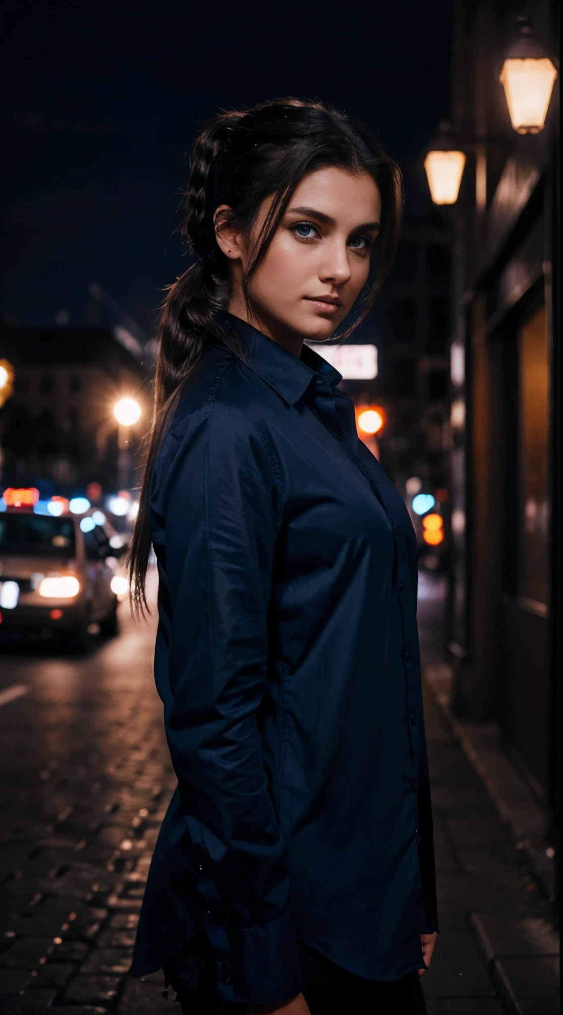 wide-shot of a beautiful woman standing in the city at night with dark hair with messy pony tail and dark blue eyes wearing a shirt, dark lighting, serene ambience