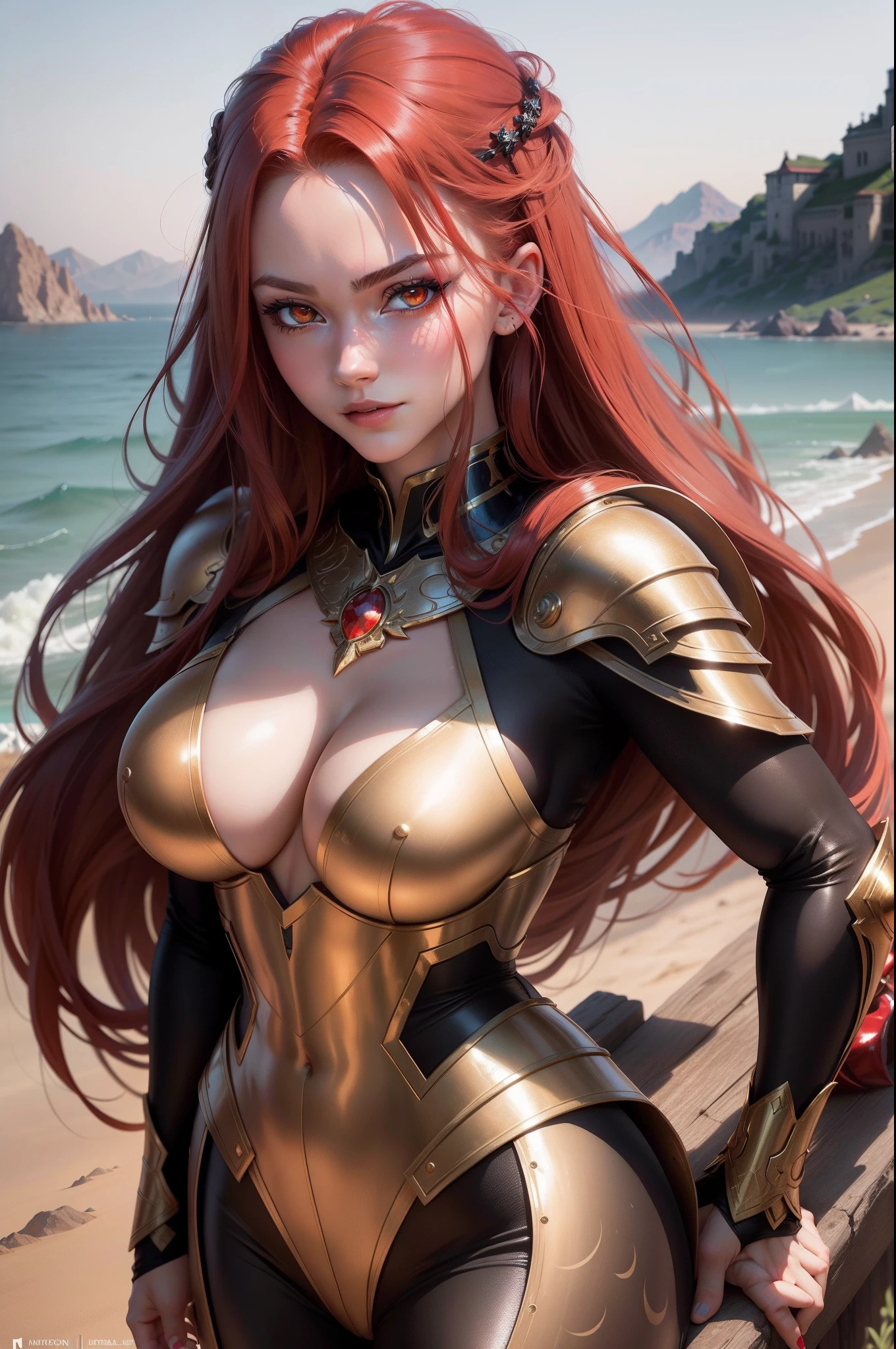 (8K,Photorealsitic Raw photography top-quality;1.4) 1 mature woman) Super beauty (Face like the real thing) long red hair with big eyes Close-up portrait of a super beautiful woman with a fearless face with beautiful breasts European Women a smile Beautiful Illusion Holy Knight Muscular slender body macho Beautiful expression enticing Metallic red armor Metallic red and black trousers Carrying Excalibur on your back Beautiful golden eyes artwork in the style of guweiz 超A high resolution real looking skin A hyper-realistic Red Rouge A sexy Golden decoration red nail polish A mountain overlooking the sea of clouds
