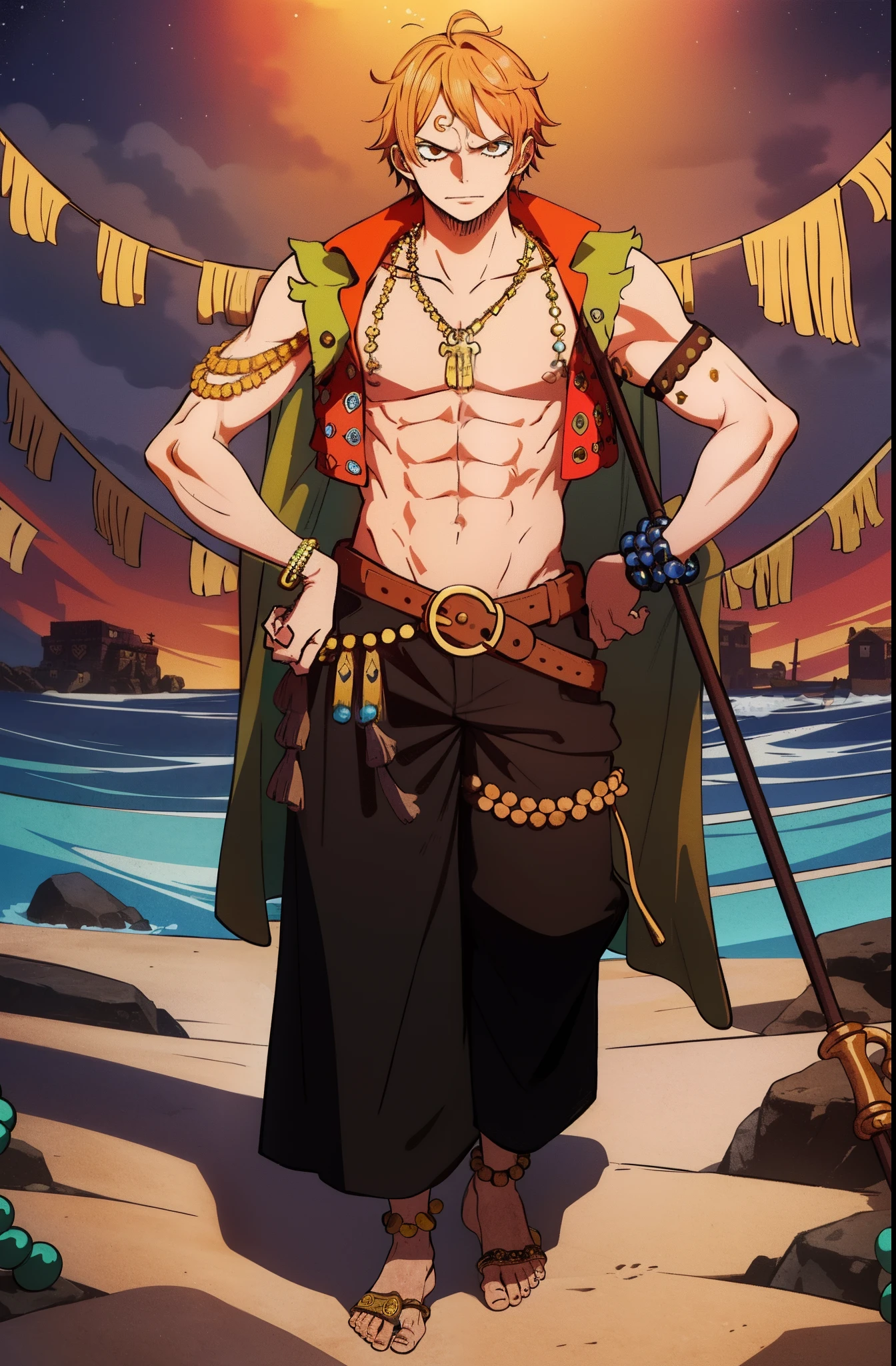 1boy, wanostyle, Generate a highly detailed character design for a lanky, lazy teenage pirate from the manga One Piece. He has light brown skin covered in intricate henna-inspired tattoos depicting napping animals, maps, and dreams. Messy medium-length gold hair is decorated with small seashells braided throughout. Dark eyes that often look half-closed are framed with thick lashes.
His outfit consists of multiple layered and textured fabrics. A loose, tattered yellow and brown vest hangs open to reveal an intricately embroidered olive green waistcoat dotted with metallic beads in the patterns of stars and waves. Baggy blue pants are cinched at the ankle with leather laces crisscrossing up his calves. Thin leather shoulder straps connect the pants to a harness holding several pouches and holsters for tools of his trade.
Worn but sturdy sandals reveal curled toes calloused from years at sea. Around his neck are several layered necklaces and charms made of polished shells, faded ribbons, and petite flags depicting island villages. Thin bracelets encircle his bony wrists and ankles.
When awake, curiously observant eyes peer out from under heavy lids, taking in surroundings with keen interest despite his lazy demeanor. A variety of trinkets and treasures are woven into his messy hair, denoting his past travels and exploits.
He carries a sleek wooden staff decorated with intricate carvings depicting his dreams and past naps. At his hip is a beautifully crafted cutlass inlaid with mother-of-pearl in a scrolling vine motif. Generate a highly complex and visually stunning character design showing this one-of-a-kind scrawny pirate in full dynamic detail.