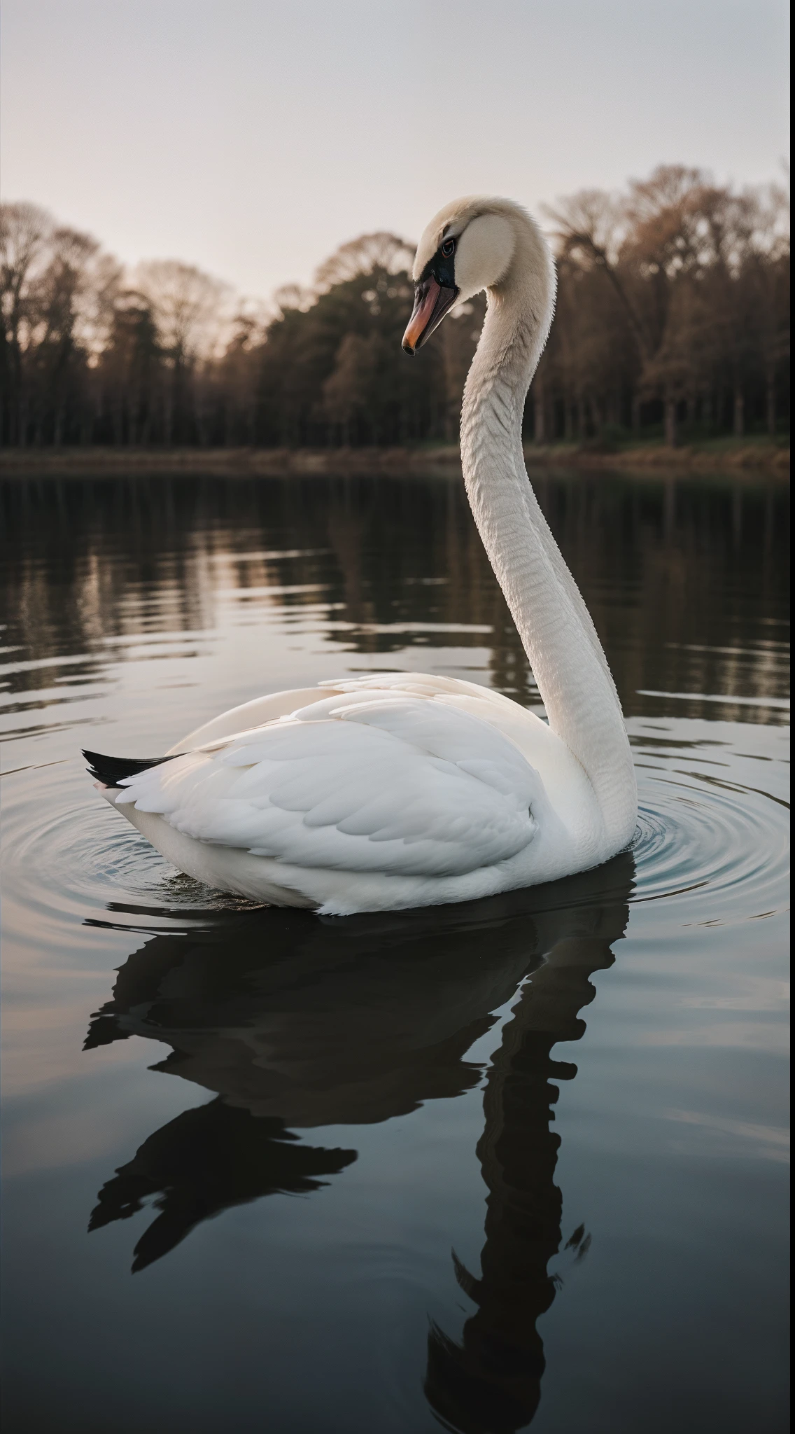 "Swan in a serene twilight, captured with a tilt shift lens, showcasing the Cleancore style with stunning HDR effects. Inspired by the works of Mustafa Abdulhadi, this image captures the beauty of a swan gracefully involved in a project."