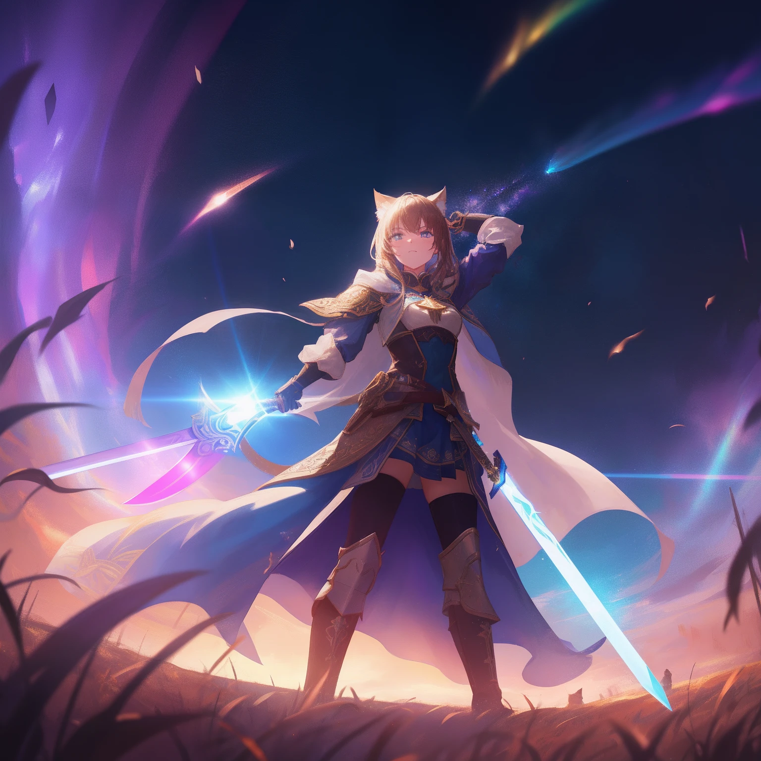 Cat's ears,Hair is brown and long,Goggles shine on her head,Her skin is pale, A blade of light enveloped me like a snake in interstellar wind,Unleash the Blade of Light,She laughs with a bullish look, Highest Quality, Carry a blue cloak with war maiden decorations,Raise the rainbow sword of the brave, ((Provocative))((afford)), 8 Blue Light Sword,Blade of Light,Lens Flare, Big rainbow,The moon shines,Star chips, bloom, ((light glow)), chromatic abberation], Digital Painting, Insane details, Intricate details, Beautifully color graded, Unreal Engine, Cinematic , colour grading, Editorial Photography , Photography, Photo Shot, Shot on 70mm lens, depth of fields, degrees of freedom, Tilt Blur, Shutter Speed 1/1000, h/22