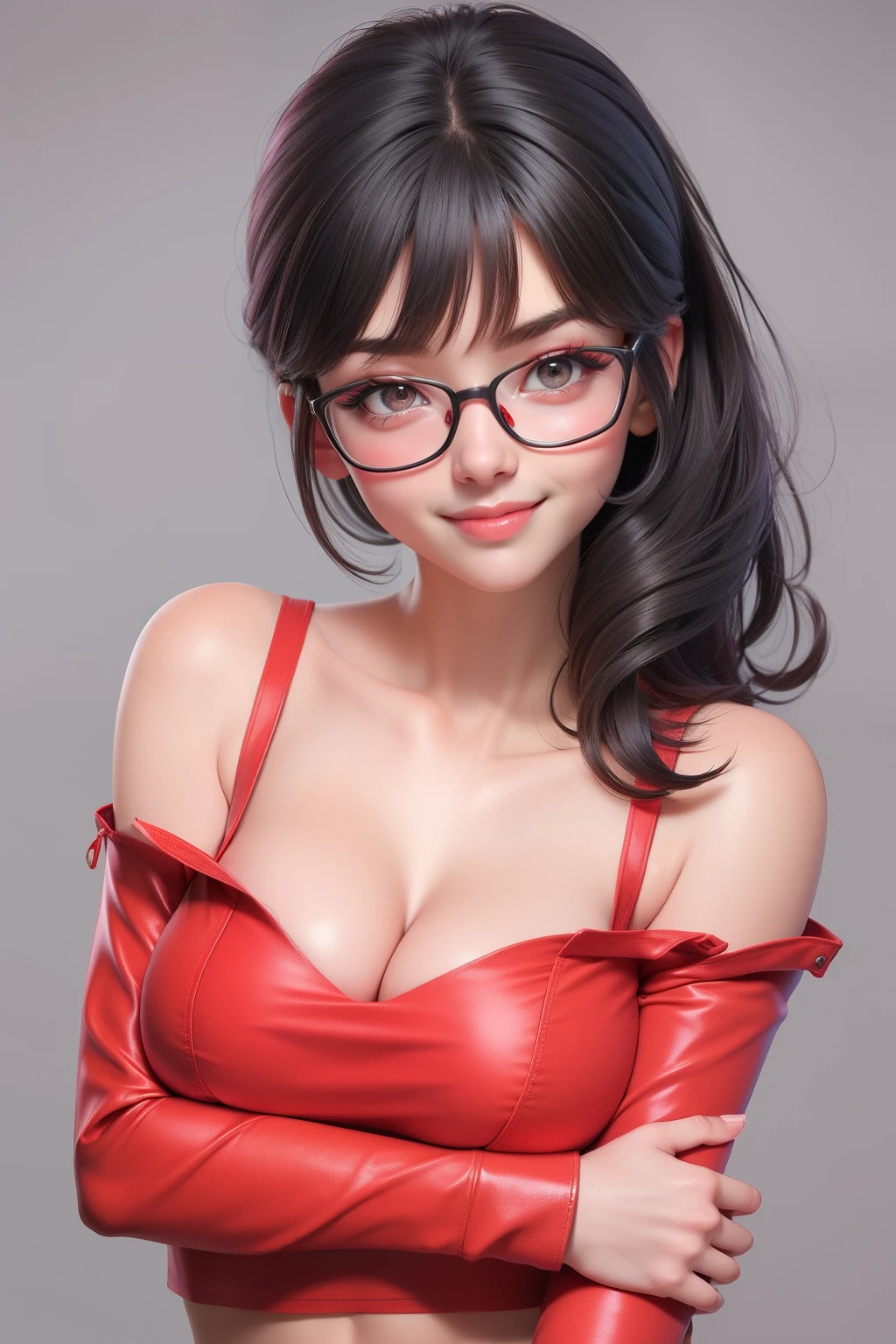 1 girl (18yo) glasses, upper body, slim waist, small breast, sexy pose, naugthy face, bangs, random hairstyle, cleavage, navel, off shoulder, seductive smile, wear red sexy nurse outfit, gray background