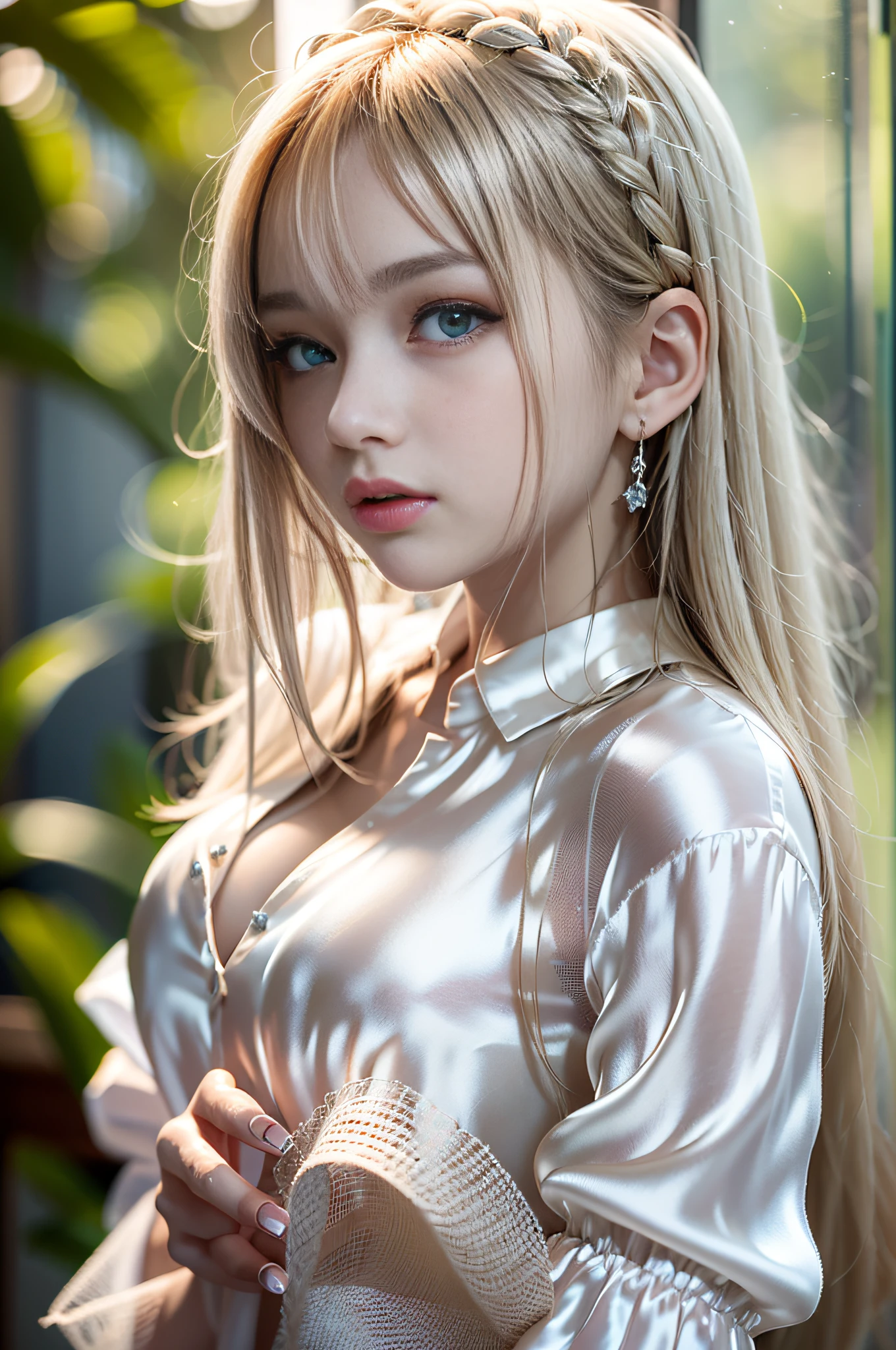 bright expression、Young shiny shiny white shiny skin、Best Looks、Blonde reflected light、Platinum blonde hair with dazzling highlights、shiny light hair,、Super long silky straight hair、Beautiful bangs that shine、Glowing crystal clear attractive big blue eyes、Very beautiful nice cute 16 year old girl、Lush bust,Beautiful detailed eyes, beautiful detailed nose,(( Full body:1.5)),Makeup that the eyes emphasize、,(Women like Joan of Arc)、 ornate detail, nature backdrop, Hyper-realistic, ((Cinematic)), ((White Shirt Dress:1.4))、(Loose and fluffy perm:1.4)、1 girl in、((Bob Hair:1.3))、Picture-perfect face,clean, Perfect face, Beautiful face, Beautiful eyes, ((Perfect female body)), Solo,(Immersive atmosphere,Luminous lighting),(blush:0.5),fascinated expression,Large breasts,beautifullydetailedbackground,depth of fields,Realistic:1.3, Full body,(Cinematic composition:1.3),((dynamicposes))、(Fascinate boldly:1.5)、(no-bra、teats)、fluffy hair、、((Silk Material:1.5))、Ultra-exposed cleavage、Full body