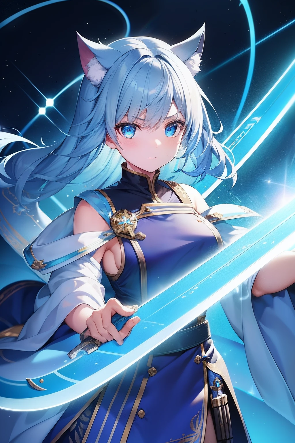 Cat's ears,Her hair is light blue、The hairstyle is short,Goggles shine on her head,Her skin is pale, A rainbow and a spiral of light enveloped me like a snake in an interstellar wind,holding samurai sword,dual-wielding,Unleash the Blade of Light,The chest is a great cutting board,She laughs with tears in her eyes, She has a gun in the middle, Highest Quality, Carry a blue cloak with war maiden decorations,Raise the railgun, ((hatred))((saddened)), 8 Blue Light Sword,Blade of Light,Lens Flare, Big rainbow,The moon shines,Star chips, bloom, ((light glow)), chromatic abberation], Digital Painting, Insane details, Intricate details, Beautifully color graded, Unreal Engine, Cinematic , colour grading, Editorial Photography , Photography, Photo Shot, Shot on 70mm lens, depth of fields, degrees of freedom, Tilt Blur, Shutter Speed 1/1000, h/22