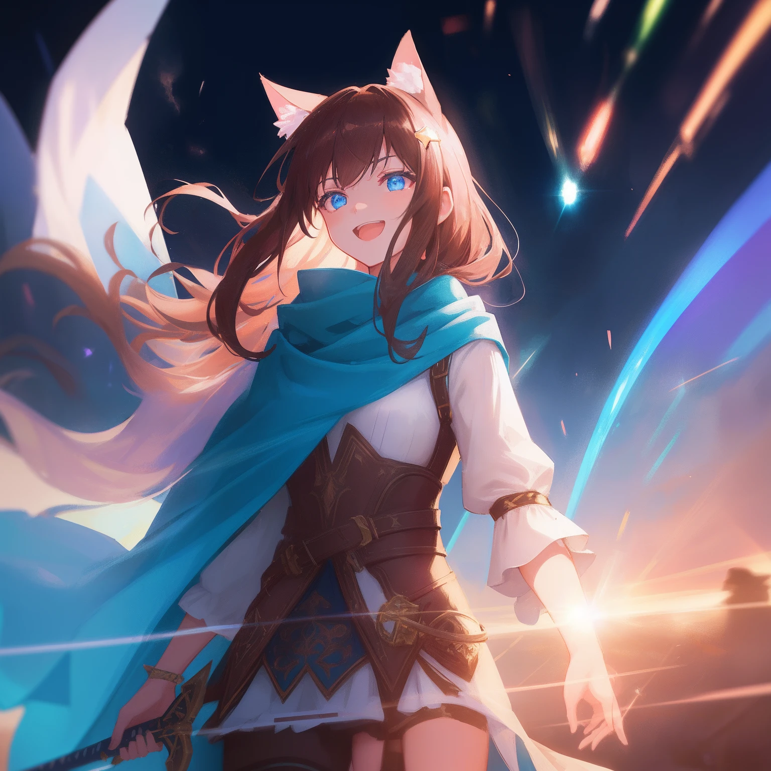 Cat's ears,Hair is brown and long,Goggles shine on her head,Her skin is pale, A blade of light enveloped me like a snake in interstellar wind,Unleash the Blade of Light,She laughs with a bullish look, Highest Quality, Carry a blue cloak with war maiden decorations,Raise the rainbow sword of the brave, ((Provocative))((afford)), 8 Blue Light Sword,Blade of Light,Lens Flare, Big rainbow,The moon shines,Star chips, bloom, ((light glow)), chromatic abberation], Digital Painting, Insane details, Intricate details, Beautifully color graded, Unreal Engine, Cinematic , colour grading, Editorial Photography , Photography, Photo Shot, Shot on 70mm lens, depth of fields, degrees of freedom, Tilt Blur, Shutter Speed 1/1000, h/22