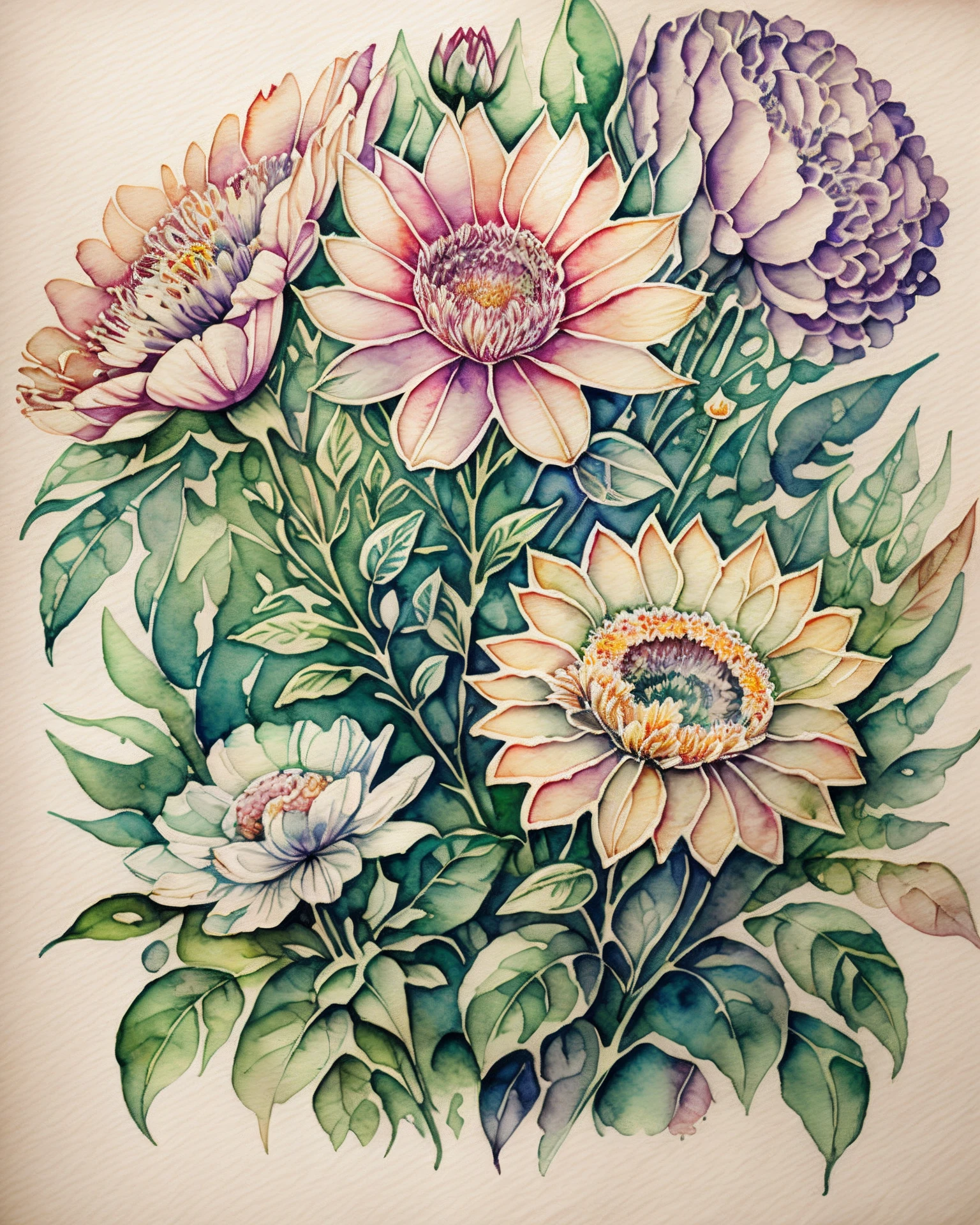vintage and botanical watercolor style flower floral design with high resolution and detail with beautiful combination of flower and shade --auto --s2