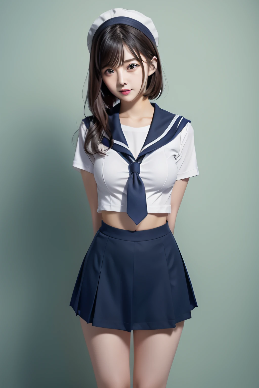 japanese girl、girl in her 20s、perfect body shape、Transparency、big breasts、、navy blue tie、navy blue skirt、light blue shirt、fiery idol pose、huge tit、shiny thighs