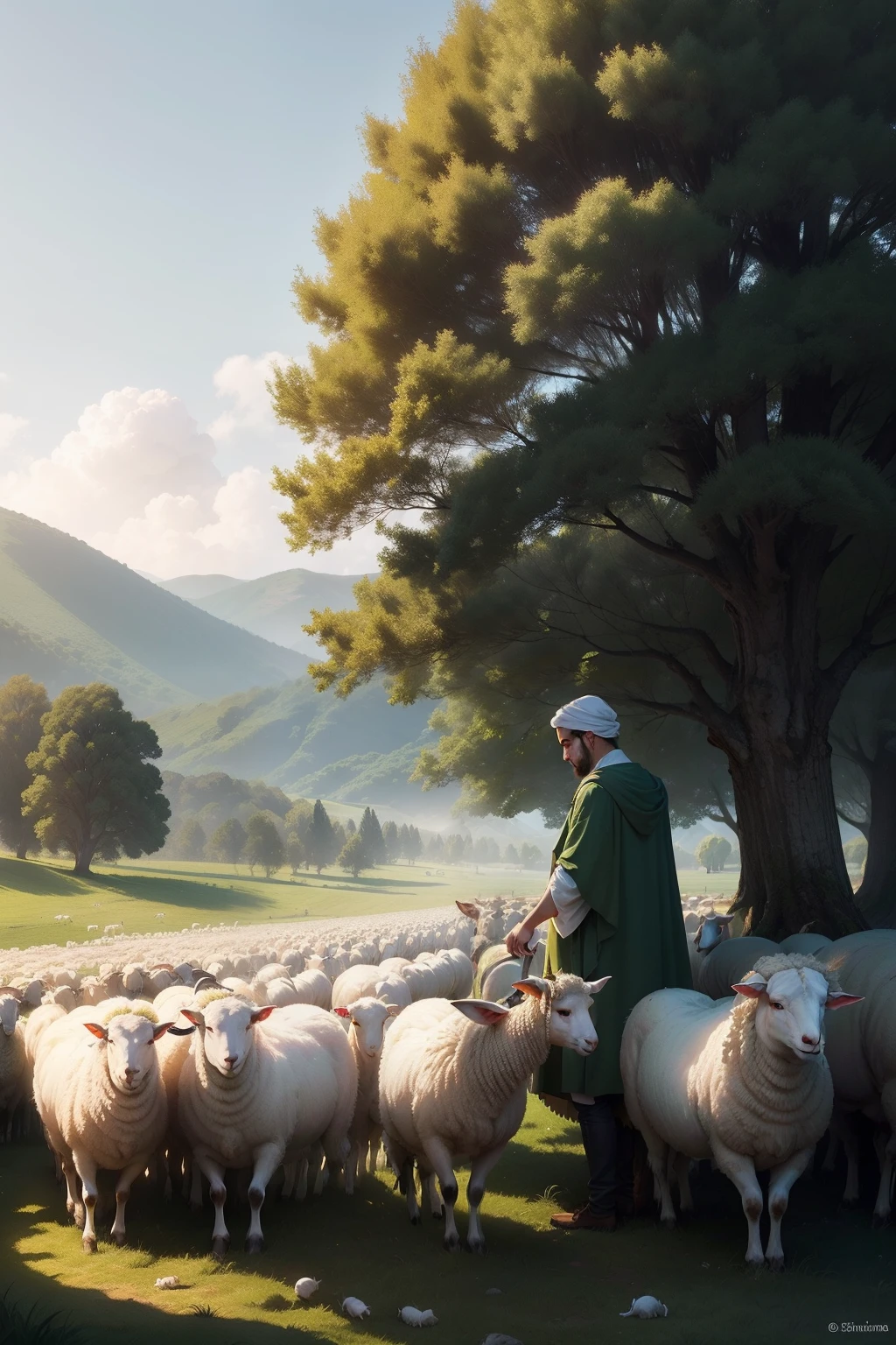 The scene unfolds in a picturesque and idyllic setting. A vast verdant field stretches as far as the eye can see, banhado pela luz suave de um dia ensolarado. The blue sky stretches above, No clouds in sight.
No centro da imagem, You can see a flock of sheep, cada uma delas deitada tranquilamente na grama verde e macia. Their soft white wools glow in the sunlight, creating a lovely contrast with the lush green of the pasture.
Standing beside the flock is a man dressed in simple shepherd's clothes. He looks with affection and attention at the sheep in his care. In one hand, ele segura um cajado, a symbol of protection and guidance. Seu rosto revela serenidade e um profundo senso de responsabilidade.
Ao fundo, You can see gentle hills and tall trees that frame the landscape. O dia bonito e a tranquilidade da cena criam uma atmosfera de paz e harmonia.
Essa imagem capta a beleza da simplicidade da vida no campo, The connection between man and nature, and the herd's trust in its caregiver. It is a perfect representation of the message of Psalm 23 and evokes a sense of serenity and confidence.