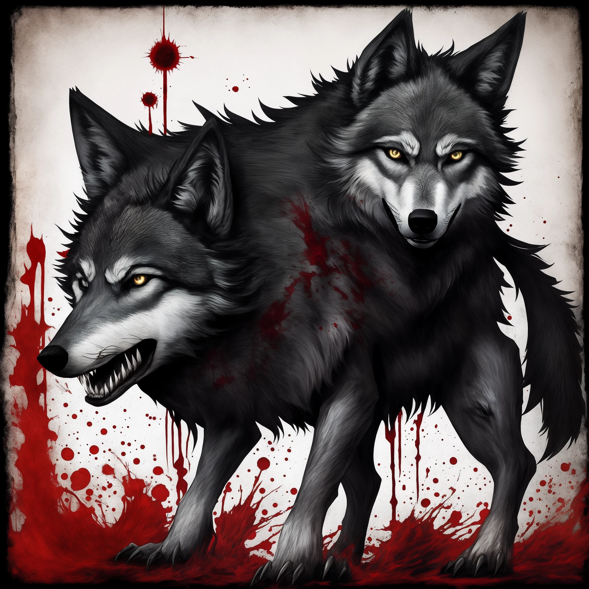 A wolf whith blood in the claws, horror style