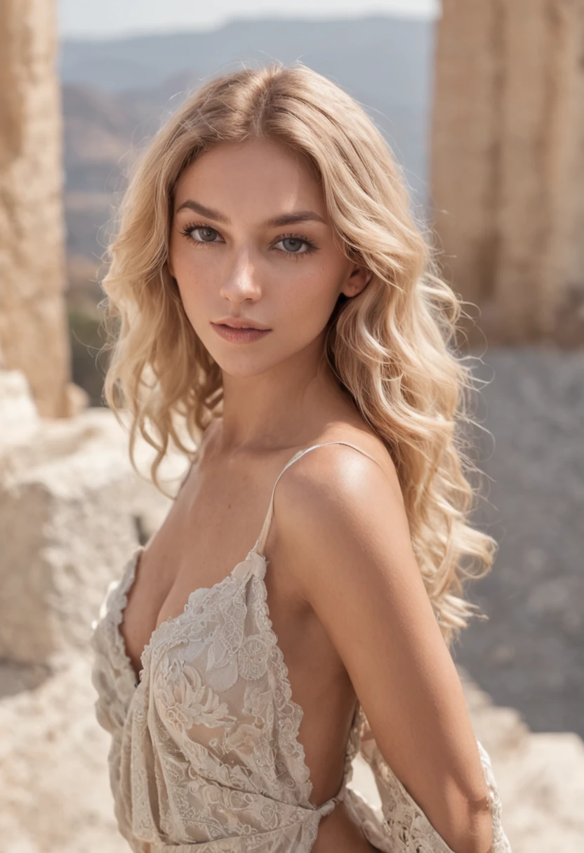 Sexy Woman, 20 years old, slim, Athletic, Tanned skin, Big breasts, Narrow waist, Curly blonde hair, instagram model, Realistic, Instagram Photos, Photography, genuine, natural. Landscape of Greece, Santorini.