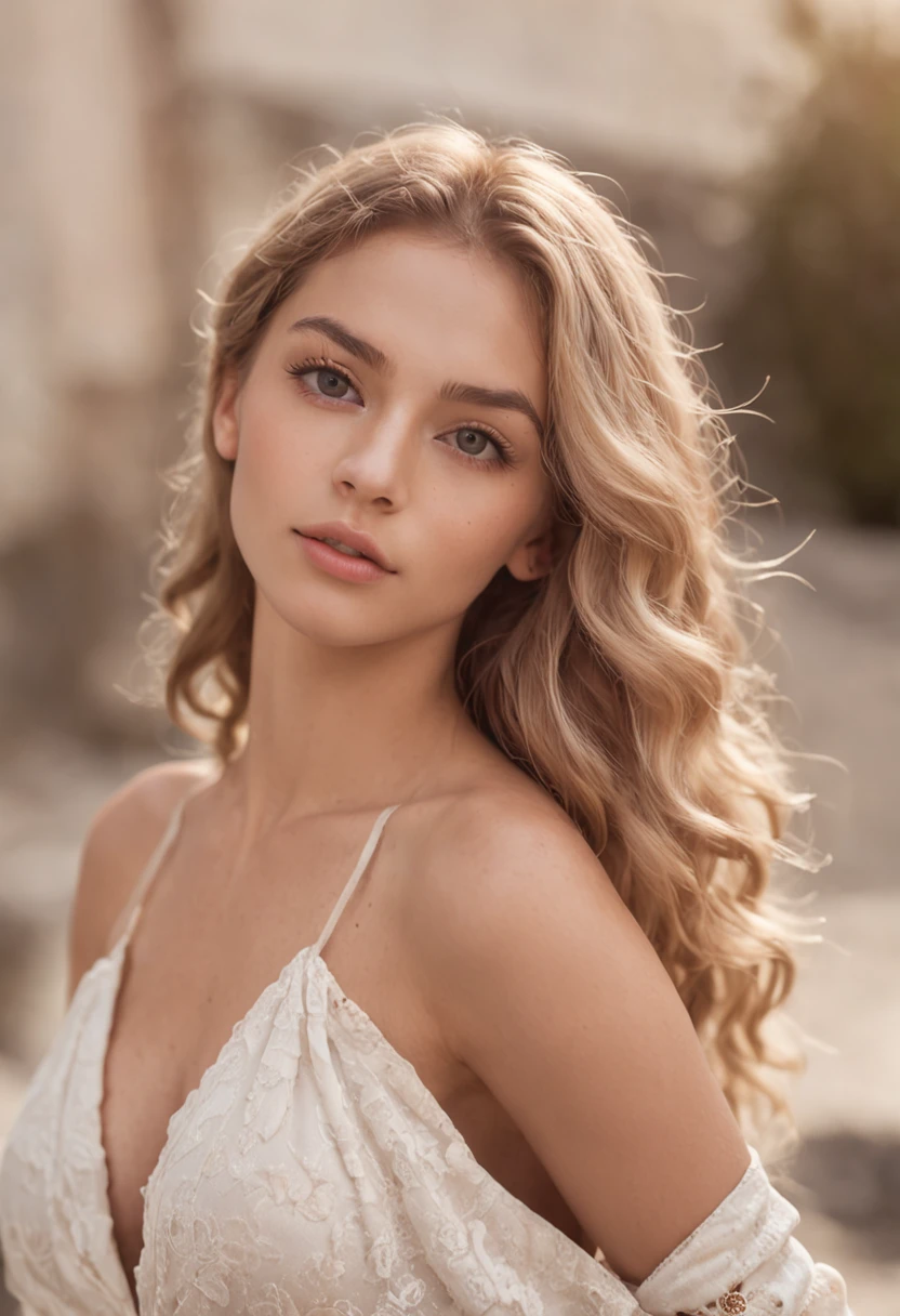 Sexy Woman, 20 years old, slim, Athletic, Tanned skin, Big breasts, Narrow waist, Curly blonde hair, instagram model, Realistic, Instagram Photos, Photography, genuine, natural. Landscape of Greece, Santorini.