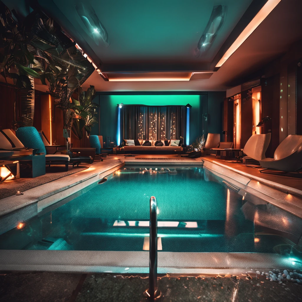 modern company logo including name "Hirez". Can include entertainment equipment such as hot tub, strobe lights, foam and smoke generators, LED flood lights