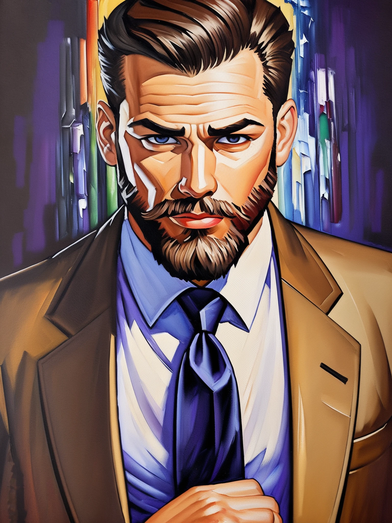 sd-pulp Portrait of muscular male, brown eyes, styled brown hair greying at the sides, neat beard, wearing dark business suit, tie, blank background, dark, cover art, ((oil paint)), illustration, solo