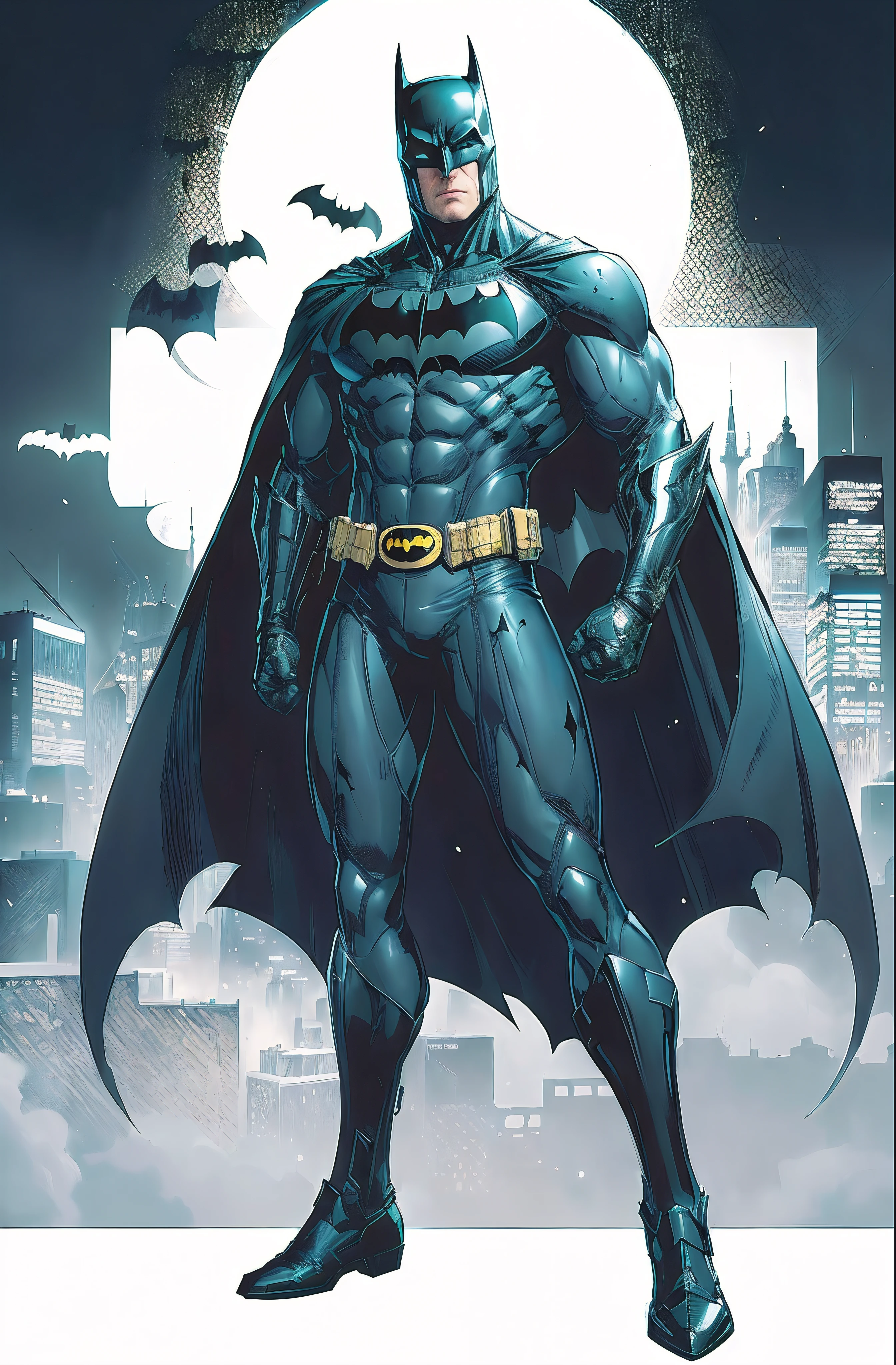 Batman parado frente a una ciudad por la noche con luna llena, Retrato de Batman, Retrato de Batman, En Batman Comic Book, inspirado por Jim Lee, Anigirl Batman, dc comics art style, ordenanza, in batman comics, El Batman, Noche en Gotham City, Jason Fabok, Batman con armas, Batman Mecha, Batman ciberpunk, Jason Fabok. Greg Staples