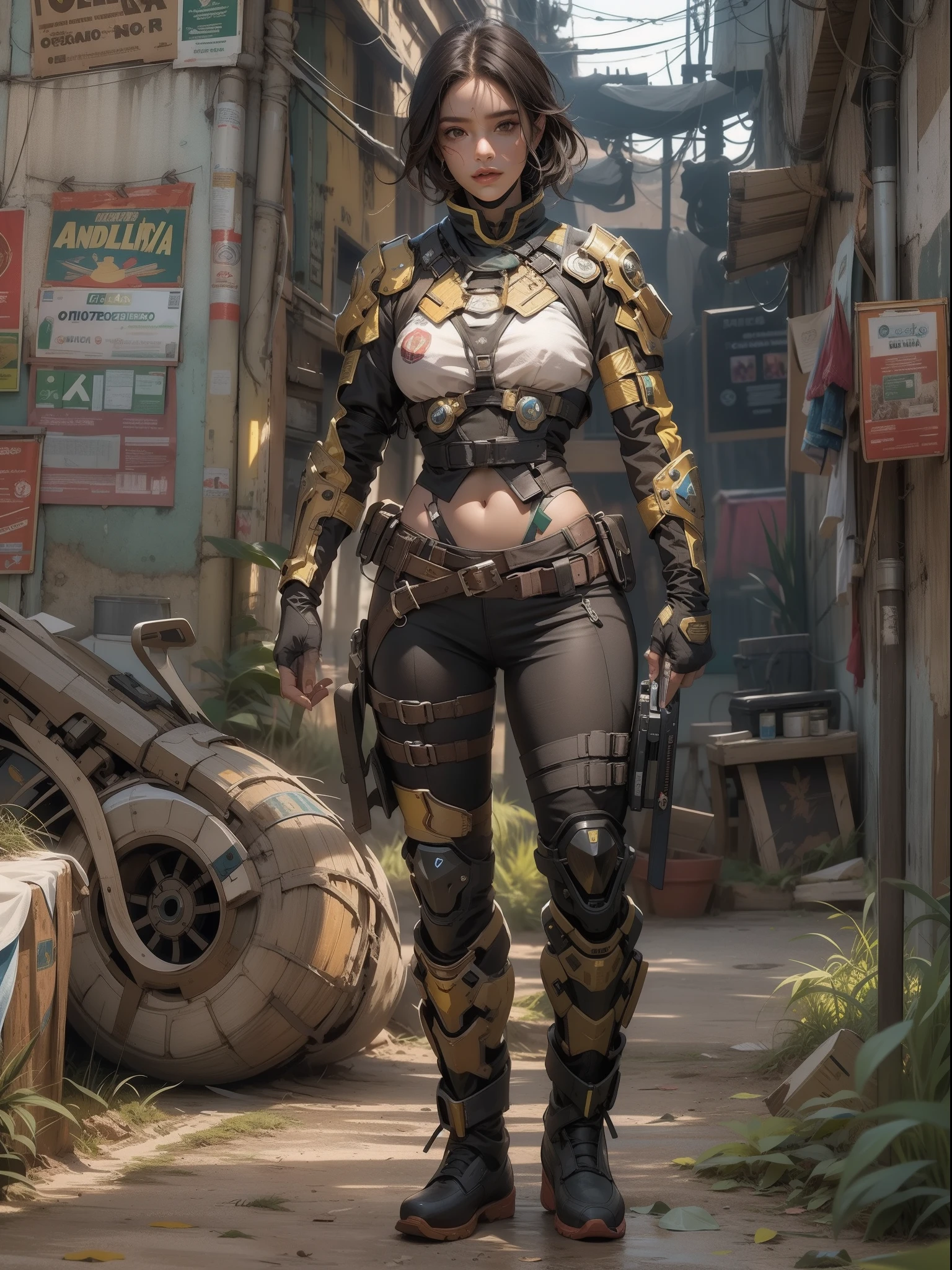((melhor qualidade)), ((obra-prima)), (detalhado: 1.4), (Absurdo), mulher latina, corpo definido, coxas meio grossas, boca fechada, coberta por roupa de gladiadores, post-apocalyptic cyberpunk style, ((middlebreasts)), (olhos lindos), ((roupa nas cores da bandeira do Brasil)), (((cabelo cacheado))), (inclua estrelas de 5 pontas no uniforme), close to the real, psicopata, cara de louca, Pose sexy, no fundo designs intrincados feitos por Shepard Fairey, ombreiras super detalhadas, Nijistyle, Centralizado, scale to fit dimensions, HDR (high dynamic range),ray tracing,NVIDIA RTX,Super-Resolution,irreal 5,Subsurface dispersão, Textura PBR, Post-processing, anisotropic filtering, profundidade de campo, Maximum clarity and sharpness, Texturas multicamadas, Albedo e mapas Speculares, surface shading, Accurate simulation of light-material interaction, perfectly proportions, octan render, Two-tone lighting, ampla abertura, ISO baixo, white-balance, thirds rule, 8K BRUTO