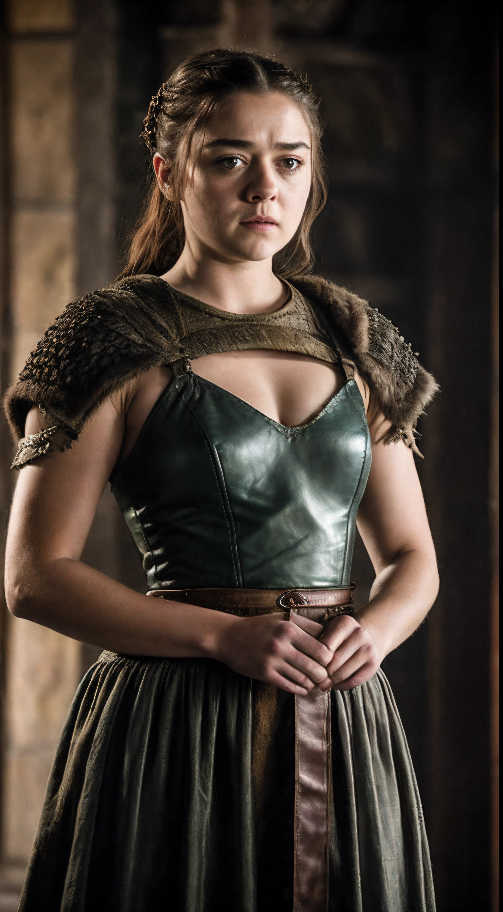 Foto RAW, Arya Stark, Extremely gorgeous lady, Arya Stark PLAYED BY MAISIE WILLIAMS, Queen Arya Stark, full body view, she  a mature woman now, milf, sexy mediaeval battle dress, gladiator woman, body, 40 years old Woman, body revealing costumes, perky breast, big natural breast, erotic costumes, lusty physique, seductive figure can capture every people's attention, Game of thrones costumes, revealing captivating figure, Mediaeval costumes, revealing clothes, A tomboy, she would rather fence than dance, warrior queen , game of thrones screen caps, Game of Thrones Series, (pele altamente detalhada: 1.2), 8k UHD, DSLR, soft-lighting, alta qualidade, grain of film, Fujifilm XT3, flawless picture, highly detailed, detailed Beauty, intricate, 32k, sharp picture,