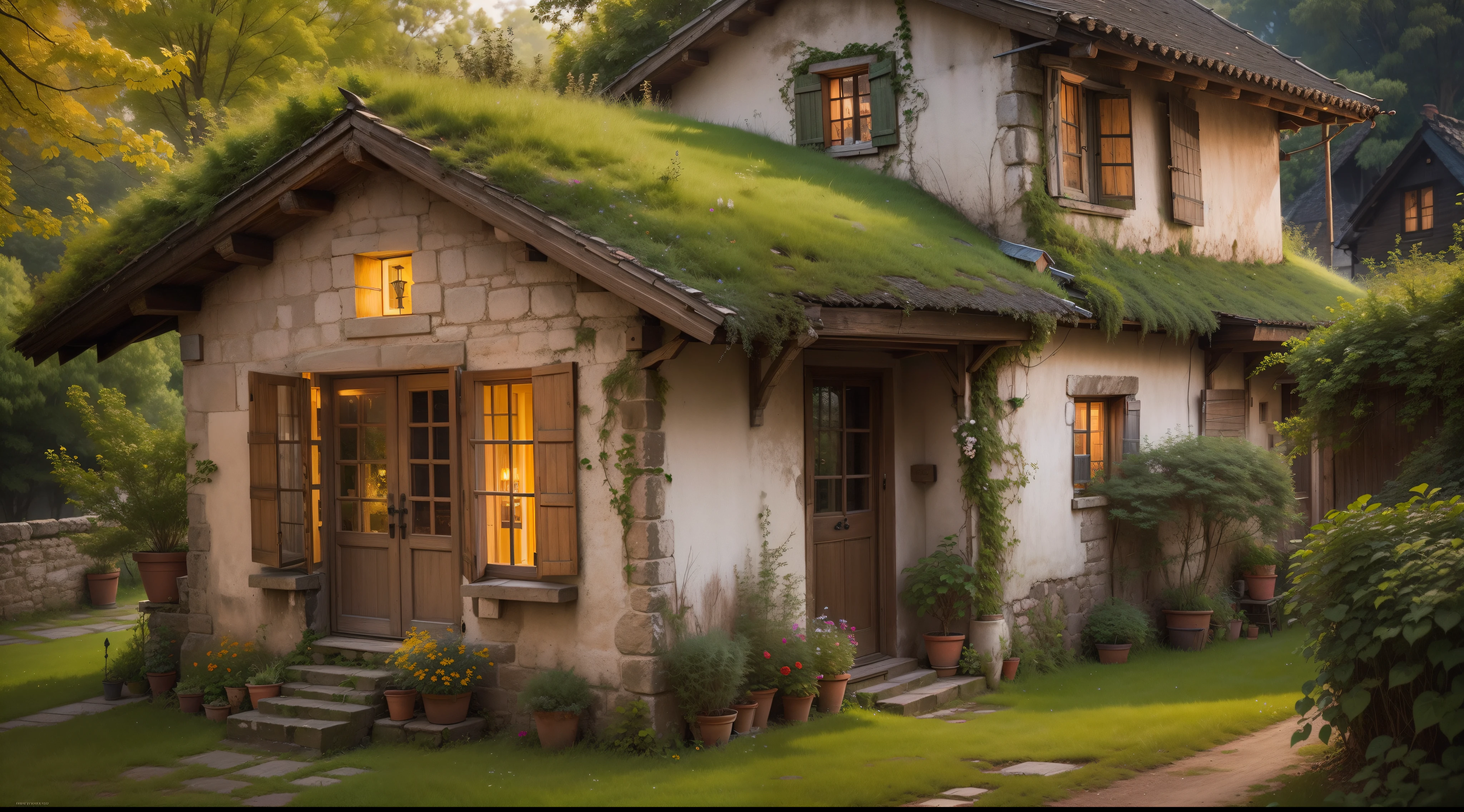 An enchanting old village house glowing with a sen
