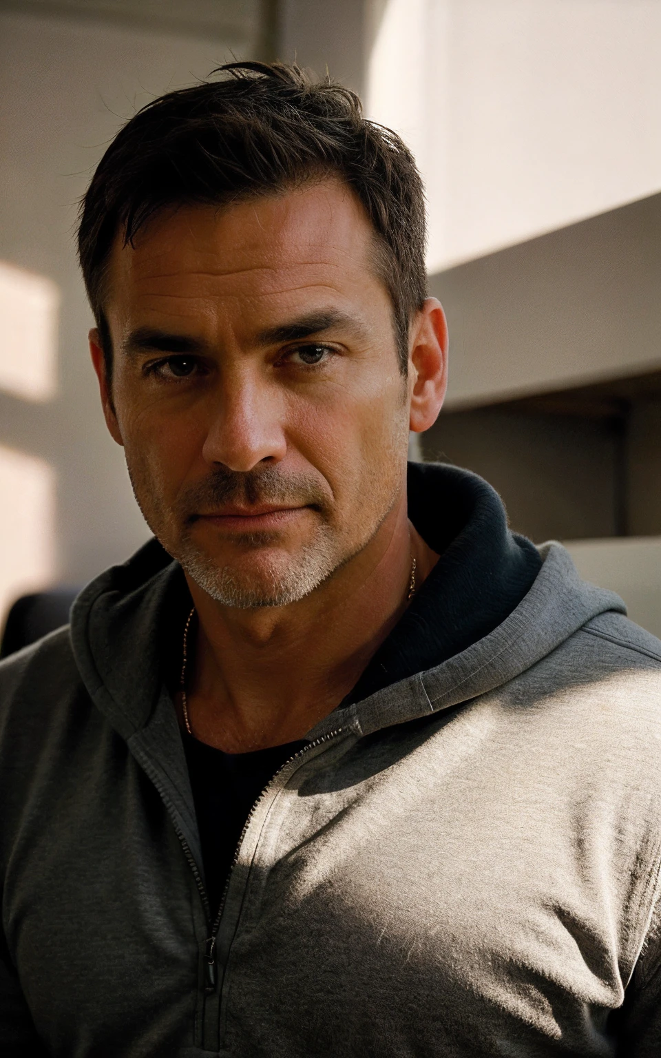 1 man, 50 years old, good looking, casual, in an office, masterpiece, best quality, ultra-detailed, (warm hue, warm tone: 1.2), close-up, cinematic light, side lighting, ultra high resolution, best shadow, RAW, upper body