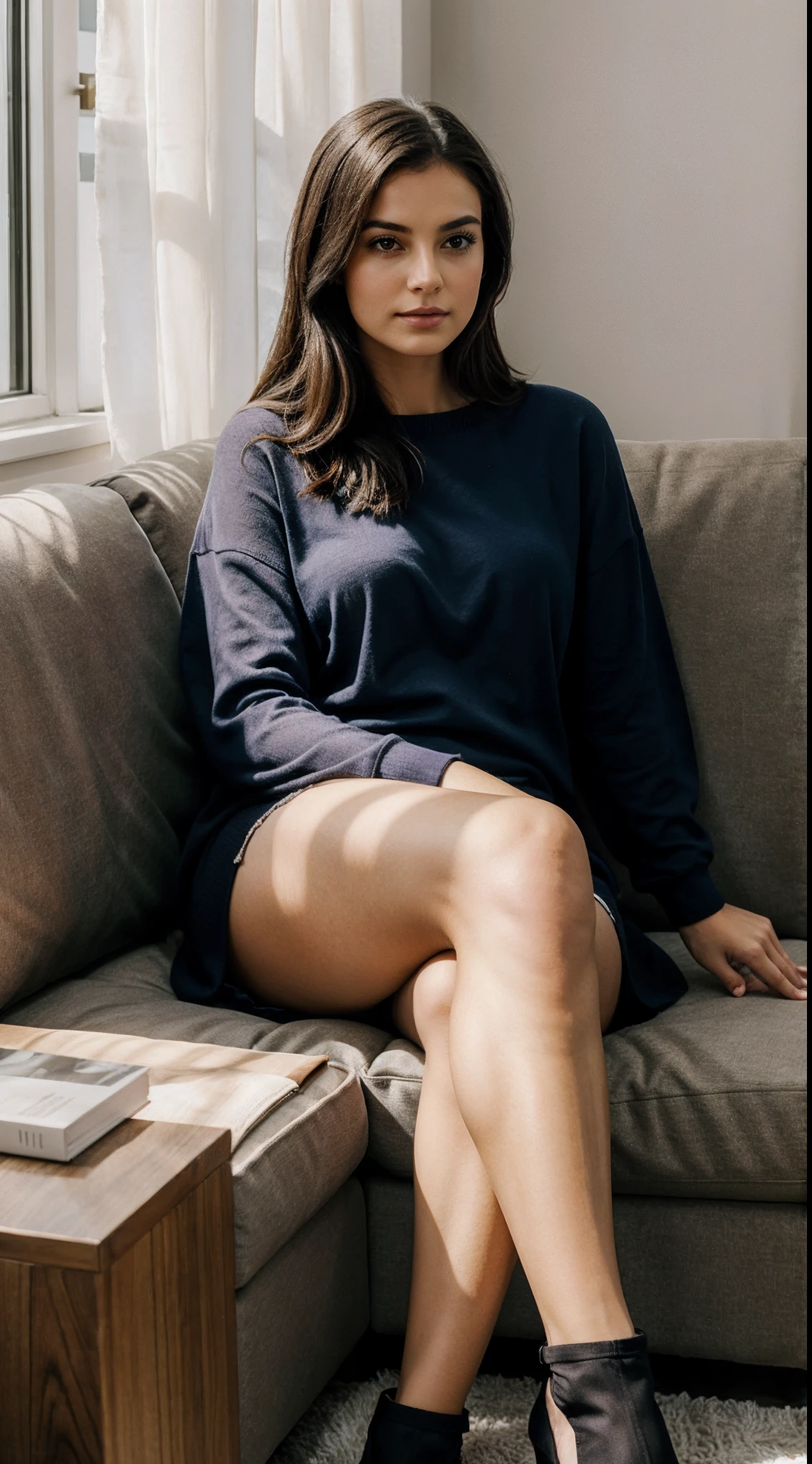 woman sitting on a cozy couch, crossing legs, soft light