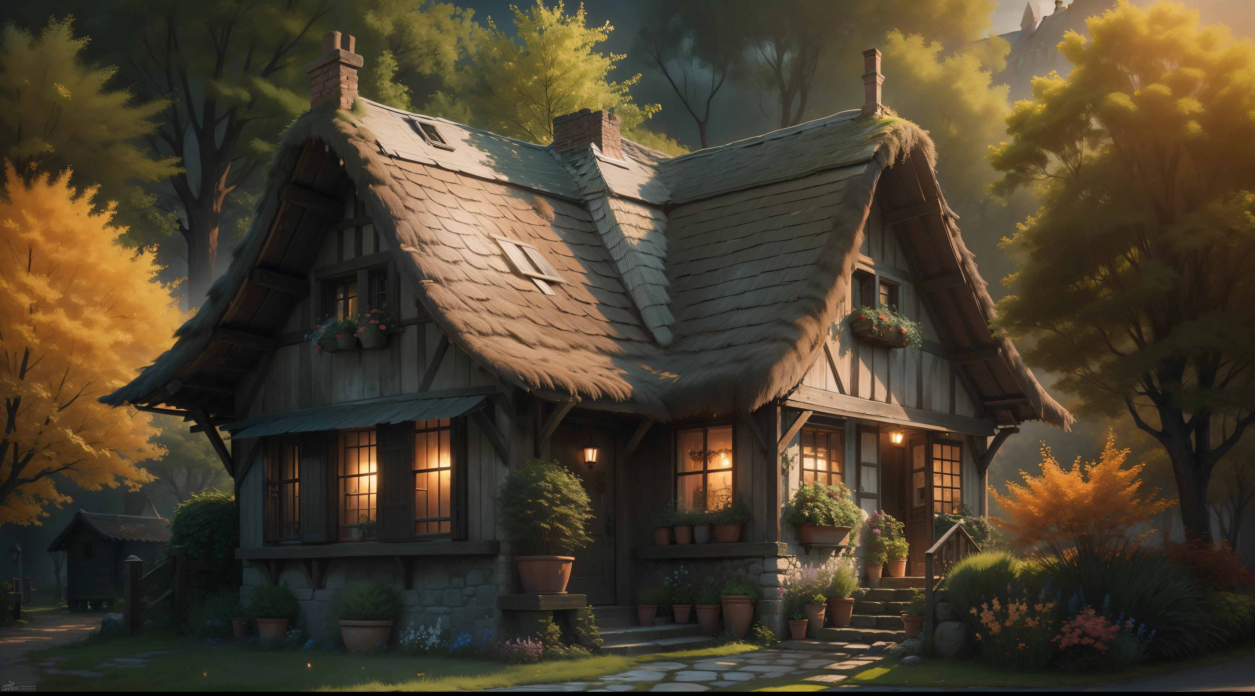 An enchanting old village house glowing with a sen