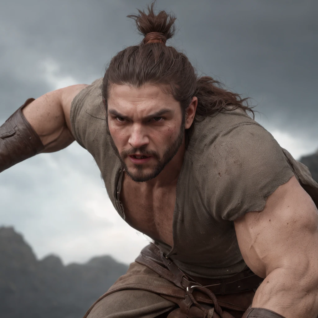 (Professional 3D rendering:1.3) de (Realistic:1.3) Foto de arte mais bonita do mundo,Features soft, bright male heroes, ((Epic hero fantasy rough muscular man wet hero angry look long hair short beard and fierce expression in dynamic pose, fantastic location, majestoso ambiente desordenado)), corpo inteiro 8k unidade render, action shot, poros da pele, very dark lighting, sombreamento pesado, circunstanciado, Rosto detalhado, (vibrante, fotogrdeia realista, Realistic, Dramatic, Escuro, foco nítido, 8k), (Old leather clothes damaged by bad weather:1.4), ((((Use peles)))), (intrincado:1.4), decadente, (altamente detalhado:1.4), pintura digital, rendering by octane, art stations, Conceito-Arte, liso, foco nítido, illustration, germe da arte, (Loish:0.23), Wlop Ilya Kuvshinov, e Greg Rutkowski e Alphonse Mucha Gracias, (global ilumination, studiolight, Light Volumetric), chuva forte, floating particles, patife, fantasia, Onze, corpo inteiroesbian, ((Fundo escuro e antigo da cidade:1.3)),CGSesociedade,art stations