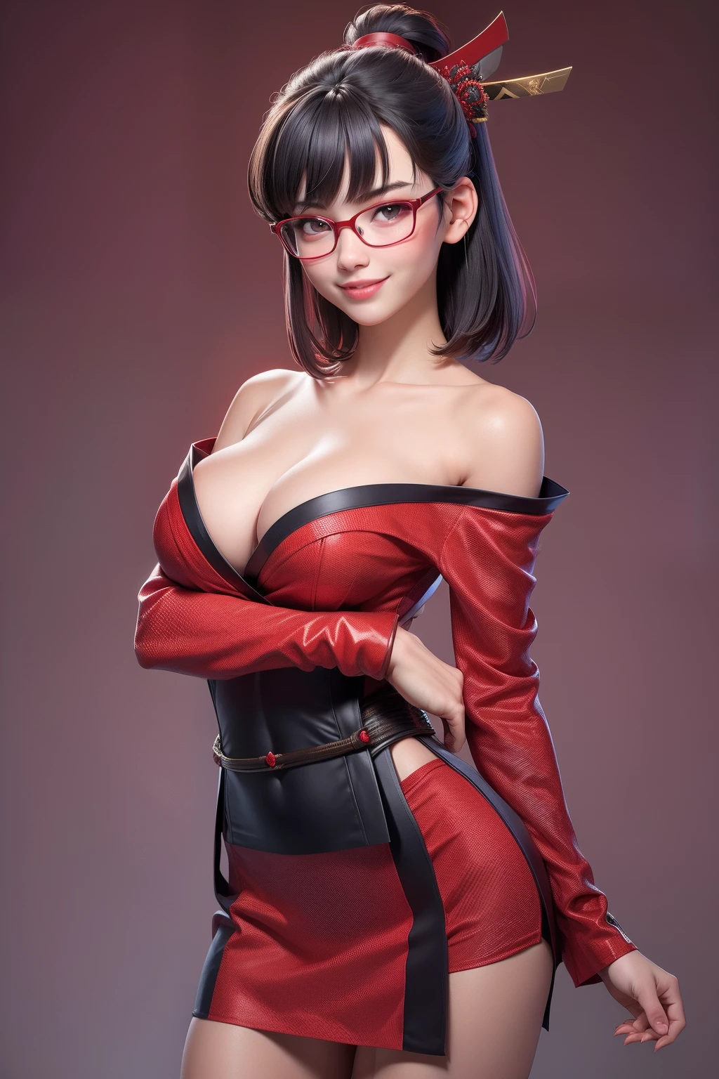 1 girl (18yo) glasses, upper body, slim waist, small breast, sexy pose, naugthy face, bangs, random hairstyle, cleavage, navel, off shoulder, seductive smile, wear red sexy female samurai dress, gray background
