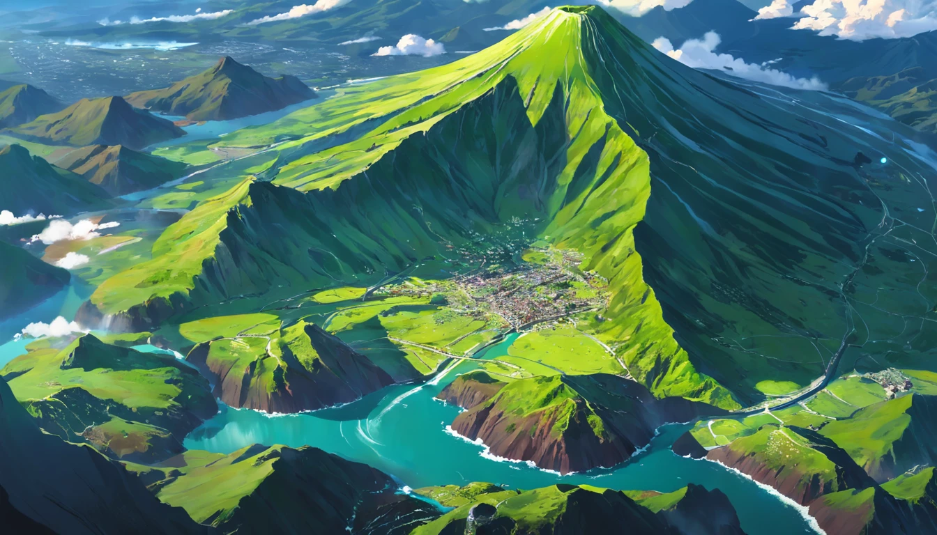 tmasterpiece,melhor qualidade,scenecy,Montanhas verdes,Uma grande montanha verde em forma de pudim,There's a way through it, volcanos, Aerial view of the mountain,Skysky