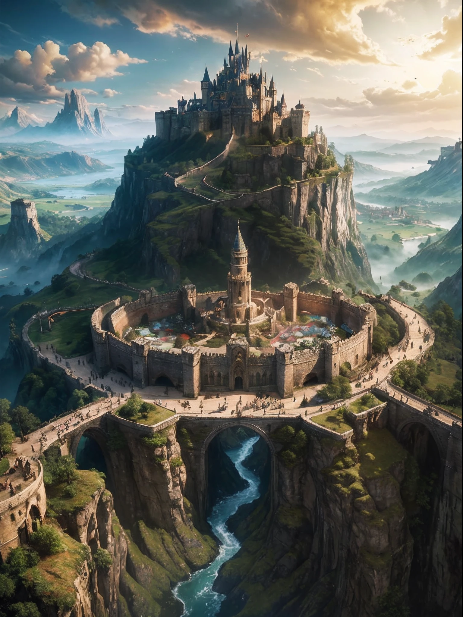 arafed castle on a hill with a statue on top of it, anor londo, epic castle with tall spires, fantasy cityscape, medieval city, fantasy capital city, ancient sci - fi city, ancient steampunk city, a medieval city, big and structured valhalla city, beautiful concept art, high fantasy matte painting, towering over a city, 8k potrait of beautiful woman standing back with tall castle, intricate, elegant, point of interest photography, perfect natural lighting (masterpiece, sidelighting, finely detailed beautiful lanscape), realistic castle, realistic sky, beautiful sky, medium ray of light, rule of third photography, point of interest photography, perfect lanscape color tone, realistic lake, realistic leaf, falling leaf, realistic grass, realistic climb, realistic tree, sureal photography, cave, realistic moss, realistic water, water reflection, dramatic shadow, nature rope, tree rope, realistic rock stone, Fog, Foggy, saturation glow light