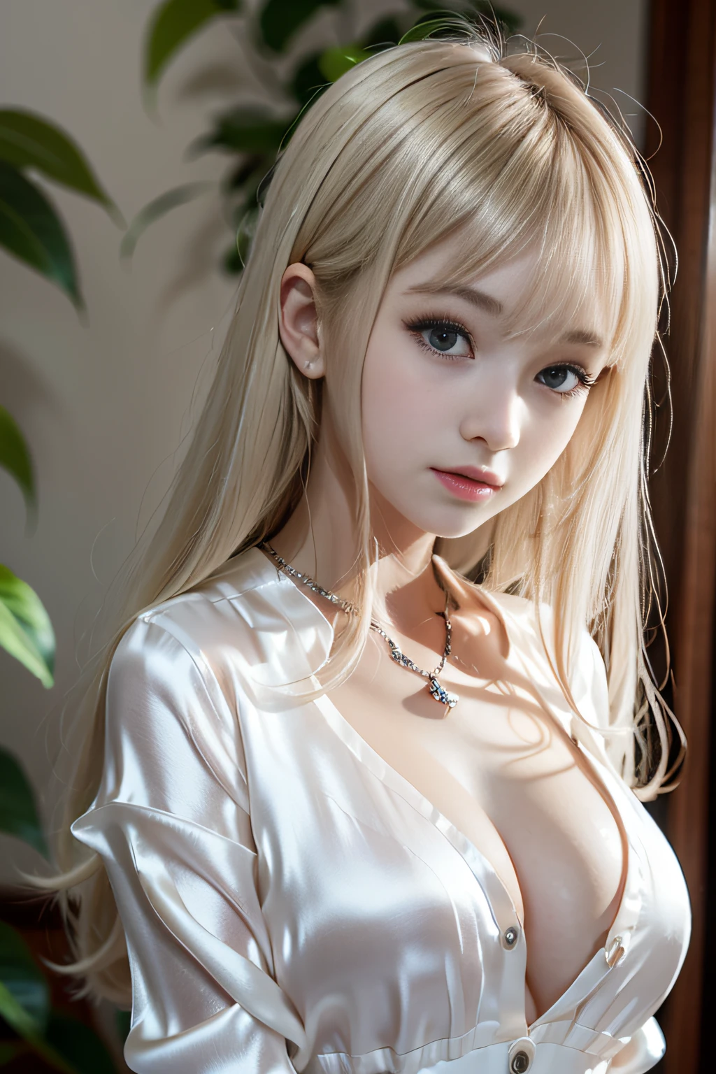 bright expression、Young shiny shiny white shiny skin、Best Looks、Blonde reflected light、Platinum blonde hair with dazzling highlights、shiny light hair,、Super long silky straight hair、Beautiful bangs that shine、Glowing crystal clear attractive big blue eyes、Very beautiful nice cute 16 year old girl、Lush bust,Beautiful detailed eyes, beautiful detailed nose,(( Full body:1.5)),Makeup that the eyes emphasize、,(Women like Joan of Arc)、 ornate detail, nature backdrop, Hyper-realistic, ((Cinematic)), ((White Shirt Dress:1.4))、(Loose and fluffy perm:1.4)、1 girl in、((Bob Hair:1.3))、Picture-perfect face,clean, Perfect face, Beautiful face, Beautiful eyes, ((Perfect female body)), Solo,(Immersive atmosphere,Luminous lighting),(blush:0.5),fascinated expression,Large breasts,beautifullydetailedbackground,depth of fields,Realistic:1.3, Full body,(Cinematic composition:1.3),((dynamicposes))、(Fascinate boldly:1.5)、(no-bra、teats)、fluffy hair、、((Silk Material:1.5))、Ultra-exposed cleavage、Full body