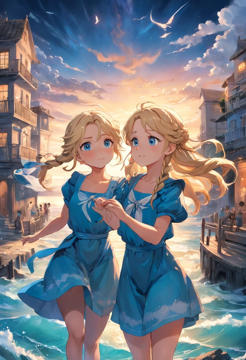 Por favor, Create an image that depicts a magical scene in a small seaside town. Na cena, there are two inseparable friends, Sofia and Marlene;. Sofia is a smart girl with blonde braids and wears a beautiful blue dress that stands out in the sea breeze. She's smiling with an expression of joy as she lovingly holds an old map in her hands. Marlen tem um cabelo azul, wears glasses, She is a determined and curious girl. She's by Sophie's side, olhando atentamente para o mapa. The two girls are floating and entering a magical portal, a portal opens in the sky, The girls are entering the portal, creating a magical atmosphere that envelops the entire scenery.