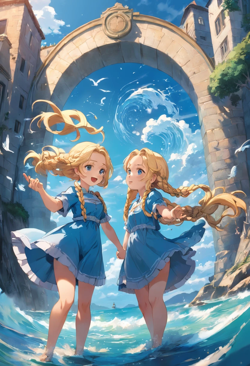 Por favor, Create an image that depicts a magical scene in a small seaside town. Na cena, there are two inseparable friends, Sofia and Marlene;. Sofia is a smart girl with blonde braids and wears a beautiful blue dress that stands out in the sea breeze. She's smiling with an expression of joy as she lovingly holds an old map in her hands. Marlen tem um cabelo azul, wears glasses, She is a determined and curious girl. She's by Sophie's side, olhando atentamente para o mapa. The two girls are floating and entering a magical portal, a portal opens in the sky, The girls are entering the portal, creating a magical atmosphere that envelops the entire scenery.