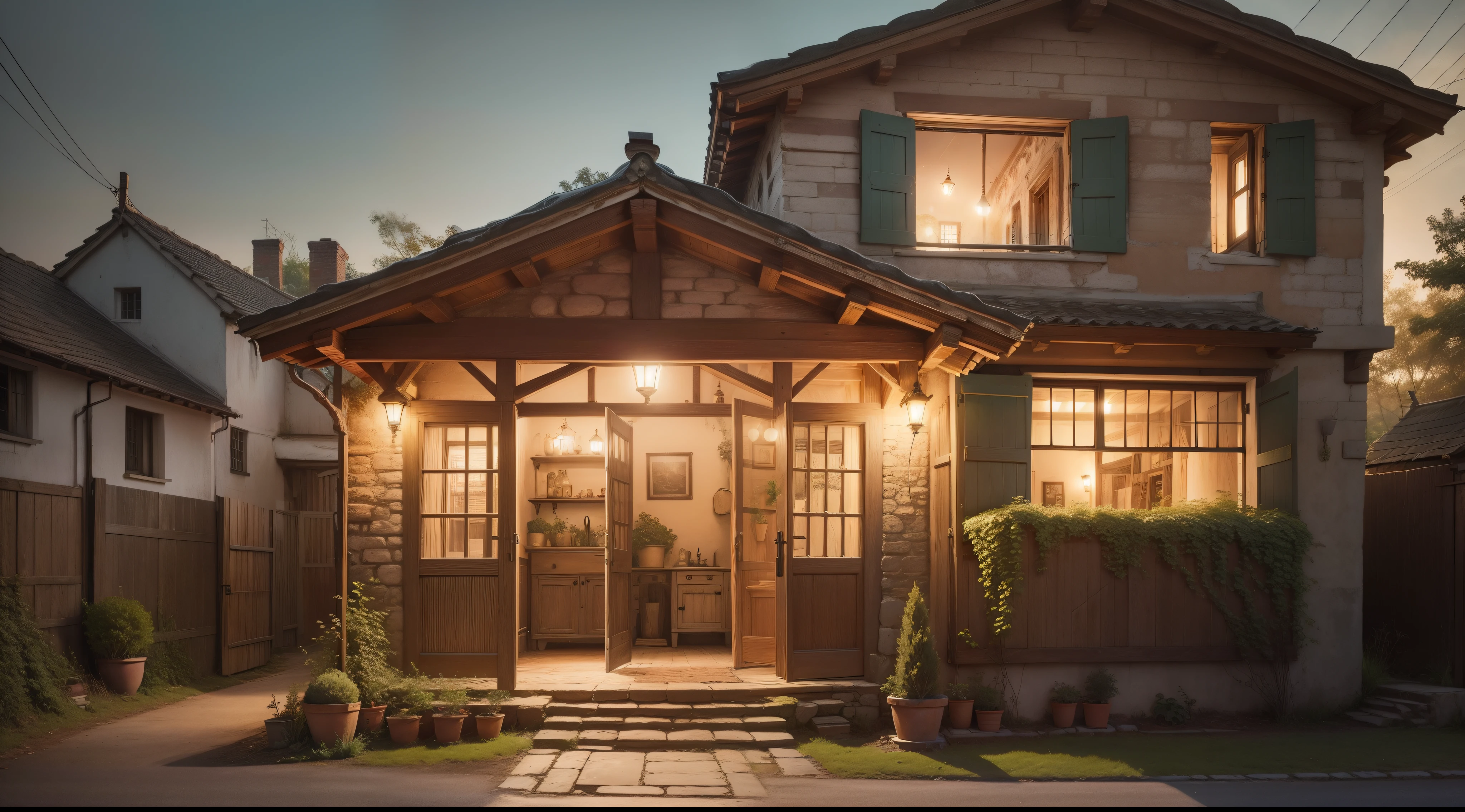 An enchanting old village house glowing with a sen