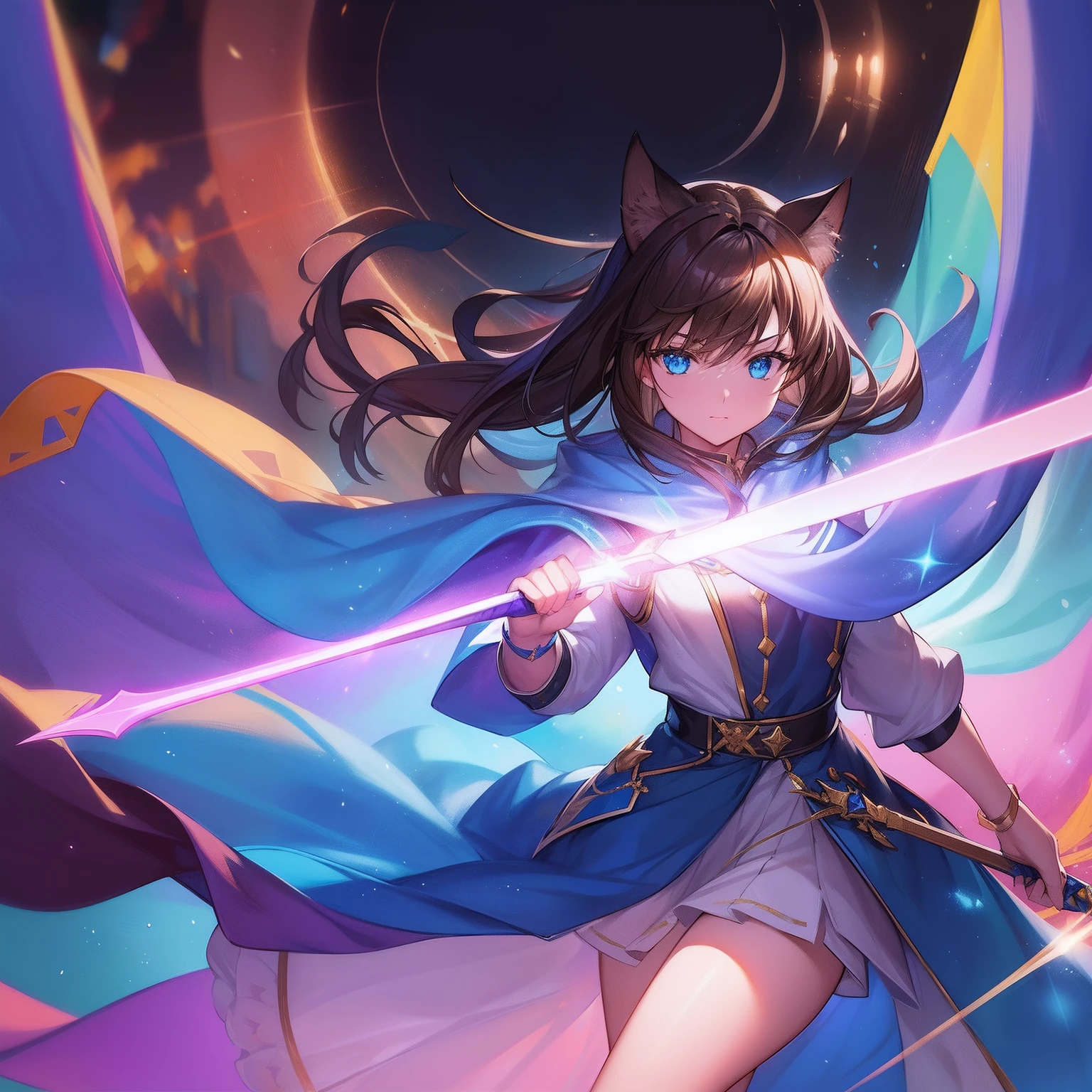 Cat's ears,Hair is brown and long,Goggles shine on her head,Her skin is pale, A blade of light enveloped me like a snake in interstellar wind,Unleash the Blade of Light,She laughs with a bullish look, Highest Quality, Carry a blue cloak with war maiden decorations,Raise the rainbow sword of the brave, ((Provocative))((afford)), 8 Blue Light Sword,Blade of Light,Lens Flare, Big rainbow,The moon shines,Star chips, bloom, ((light glow)), chromatic abberation], Digital Painting, Insane details, Intricate details, Beautifully color graded, Unreal Engine, Cinematic , colour grading, Editorial Photography , Photography, Photo Shot, Shot on 70mm lens, depth of fields, degrees of freedom, Tilt Blur, Shutter Speed 1/1000, h/22