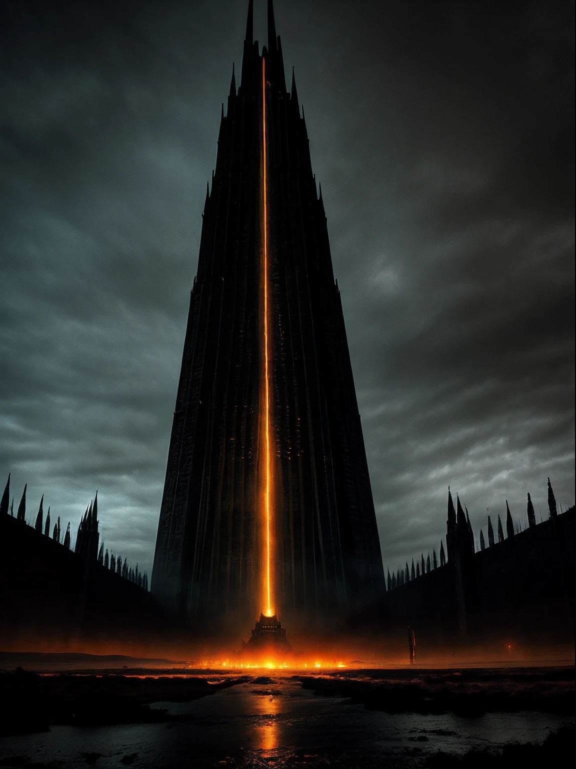 "Dark and imposing Sauron's Tower rising high, engulfed in shadows with an eerie glow, showcasing its malevolent power amidst a desolate landscape."