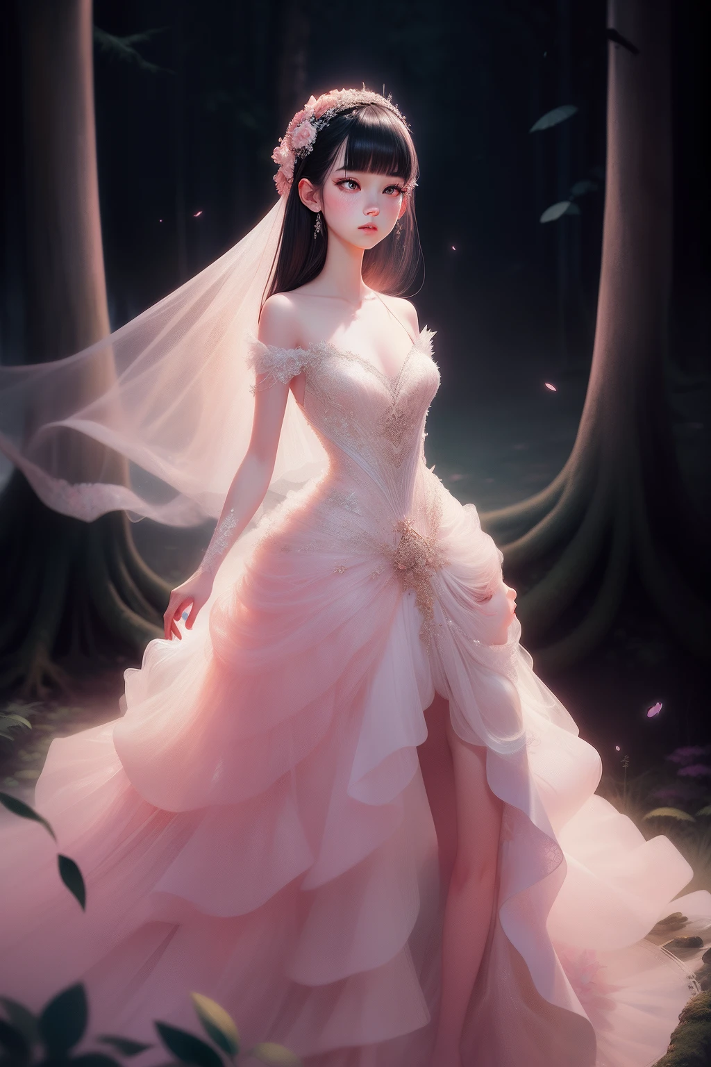 In the misty forest,Standing a lady in a long tulle dress, Brunette lady with glowing tulle dress, inspired by Igor Kieryluk, It is covered with flesh pink and silvery-white,White fireflies fly,under moonlight,inspired by Wadim Kashin, by Russell Dongjun Lu, inspired by Yanjun Cheng, inspired by Hsiao-Ron Cheng, Beautiful digital artwork, inspired by Ray Caesar