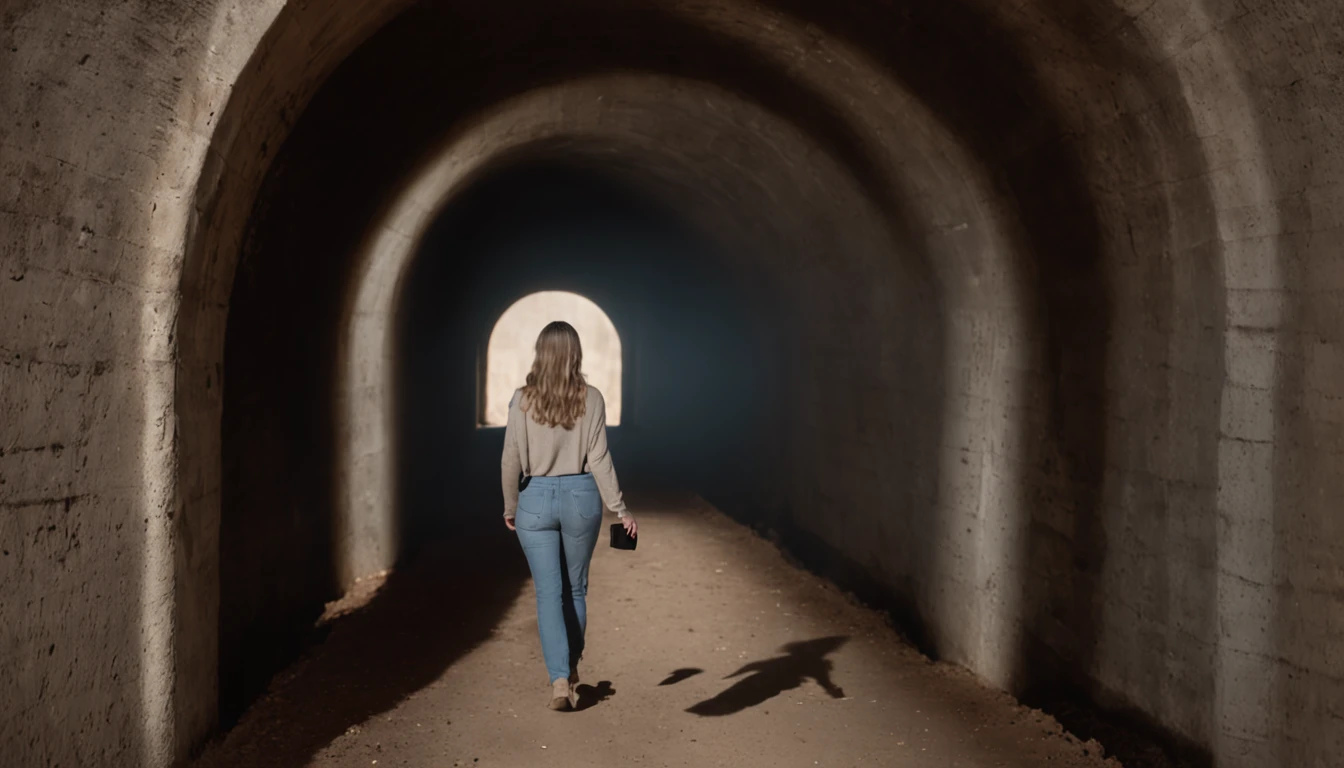 Uma capa emotiva que combina as mensagens "You are able" e "Deus te Capacitou". The image features a person walking through a dark tunnel, representando os desafios da vida. As you go, the bright light at the end of the tunnel reveals the hand of God, guiando e capacitando o caminho. The visual composition is loaded with symbolism, with colors that convey hope and confidence. Aspect ratio is optimized for attractive viewing on YouTube, inviting viewers to explore the message of overcoming and faith.