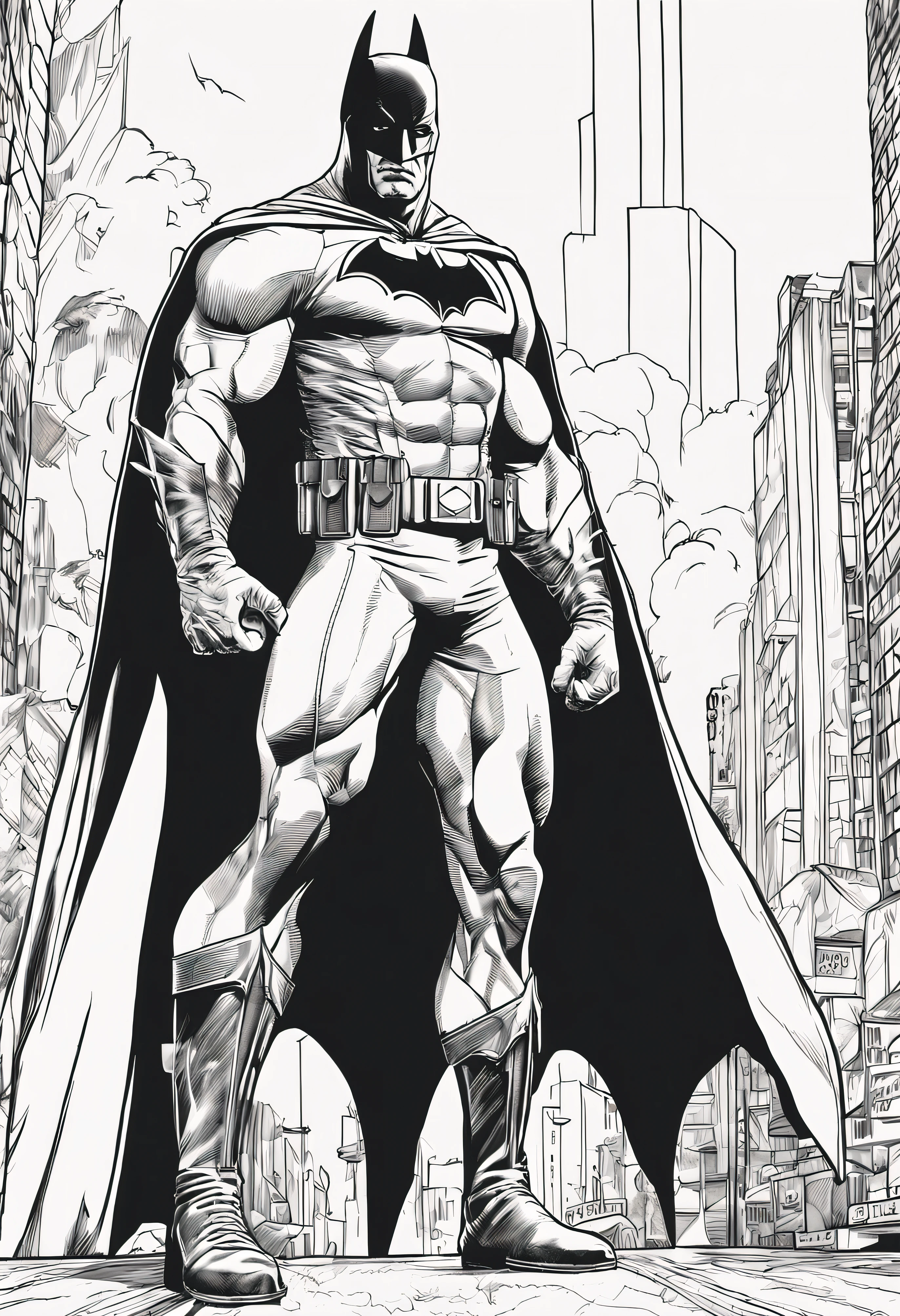 Generate a colorless comic book style image of the character named Batman in full body, de la cabeza a los pies, no body parts cut off or extending beyond the frame. The image must have a comic book style, and the physical characteristics and details of Batman's clothing must be clearly visible. Por favor, coloque la imagen sobre un fondo blanco pleno. action pose