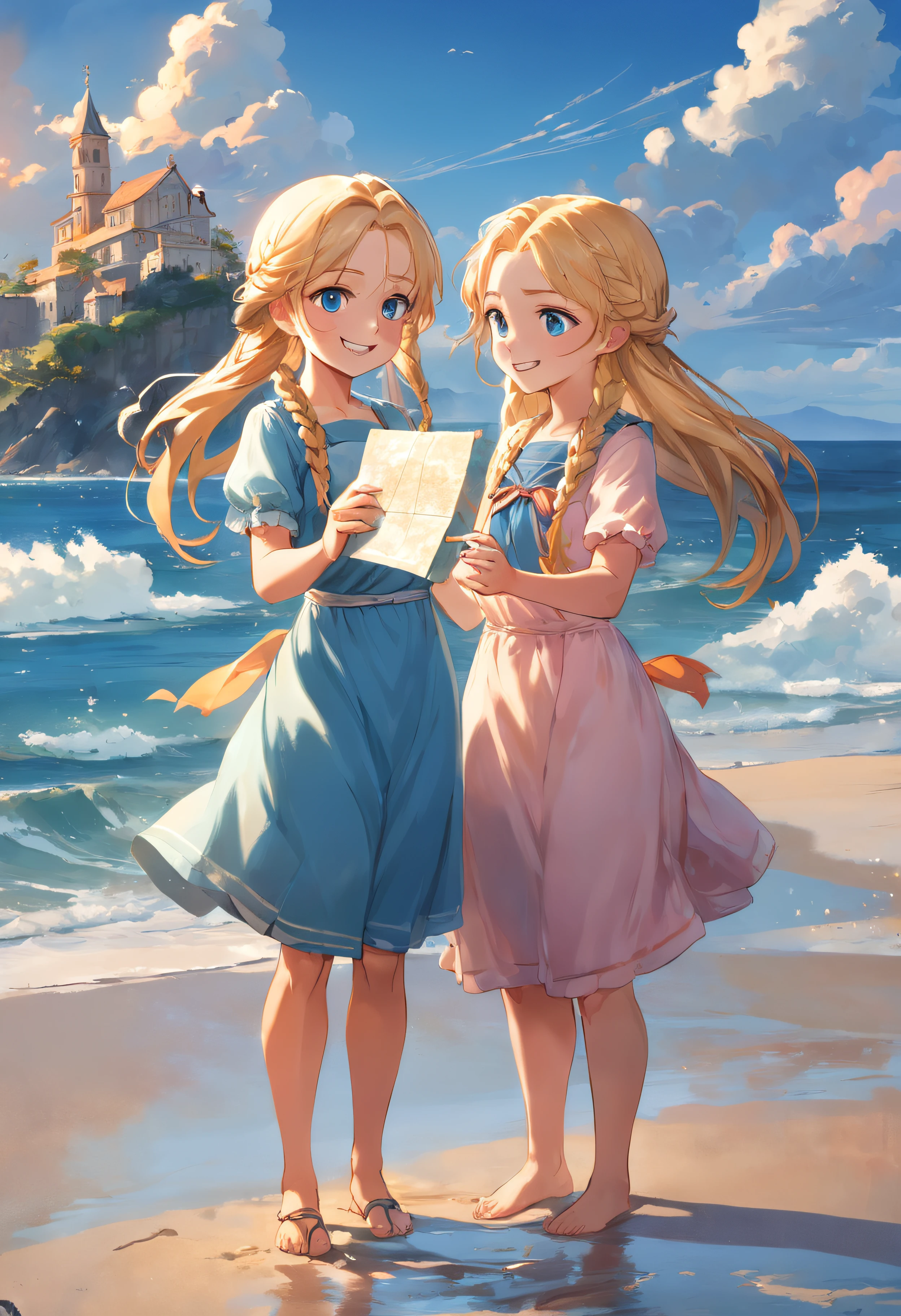 Por favor, Create an image that depicts a magical scene in a small seaside town. Na cena, there are two inseparable friends named Sofia and Clara. Sofia is a smart girl with blonde braids and wears a beautiful blue dress that stands out in the sea breeze. She's smiling with an expression of joy as she lovingly holds an old map in her hands. Clara, por outro lado, is a determined girl with glasses that enhance her curiosity. She's by Sophie's side, olhando atentamente para o mapa. The two girls are standing on the beach, with their feet sunk in the golden sand and the blue sea glowing softly in the background. The sun is setting on the horizon, Painting the sky with shades of orange and pink, creating a calm and magical atmosphere that envelops the entire scenery