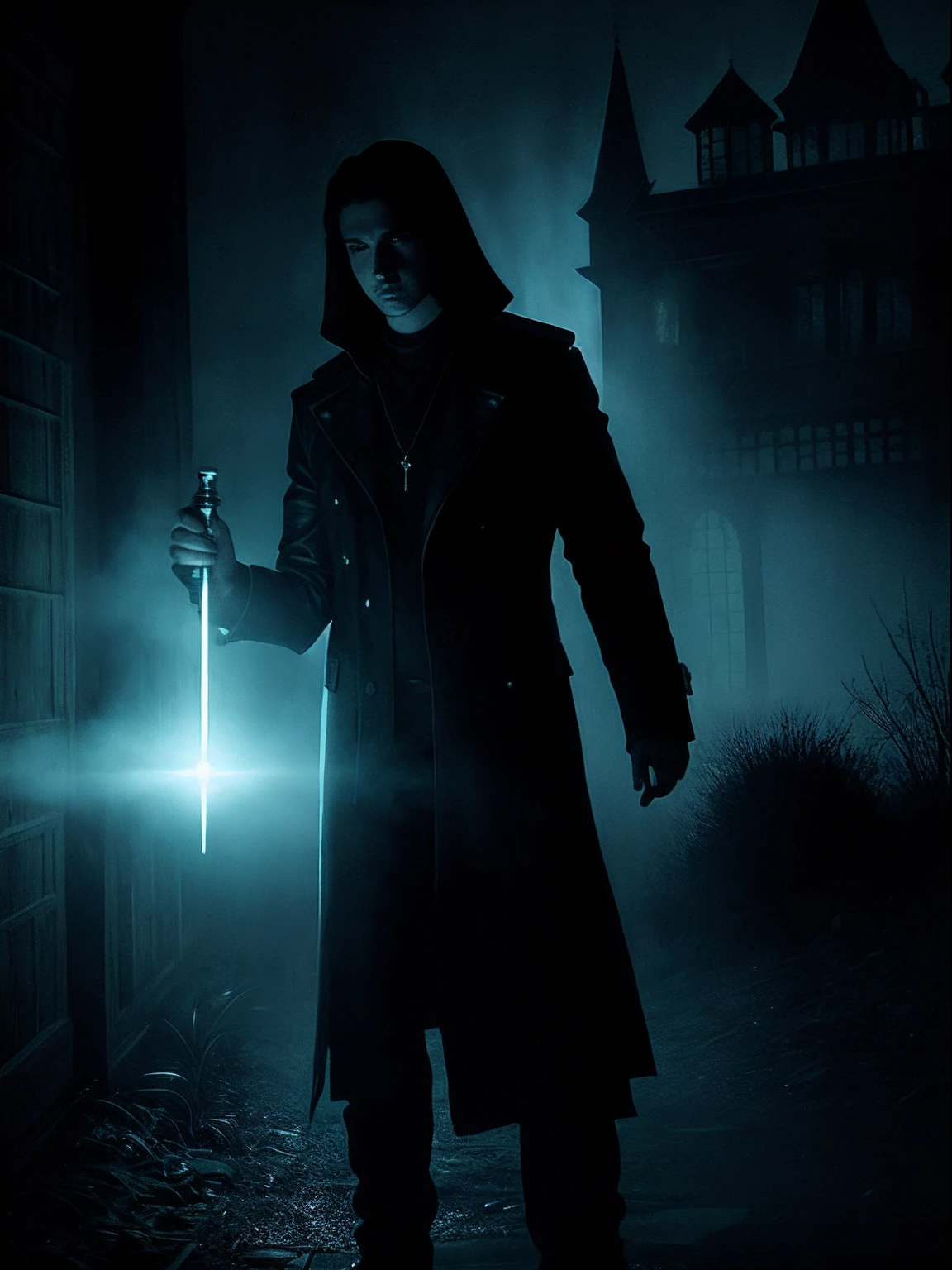 "(Ghost Hunter) with an intense expression, holding a glowing ethereal weapon, exploring a mysterious haunted house at midnight, with flickering candlelight casting eerie shadows, capturing the suspense and thrill of the supernatural, atmospheric fog adding an aura of mystery, dark and sinister atmosphere, paranormal investigations, uncovering secrets and encountering otherworldly entities."
