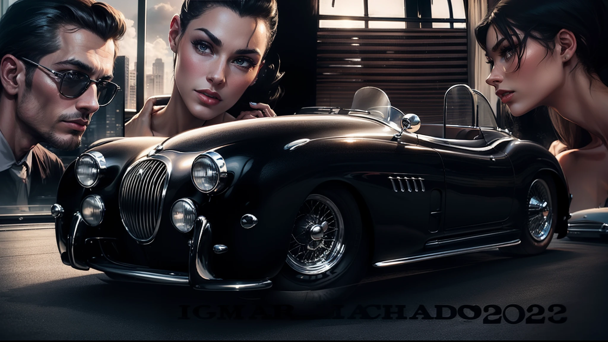 A sleek black 1958 Jaguar convertible in the foreground, close-up beautiful people behind and in front of windows with blinds in the background