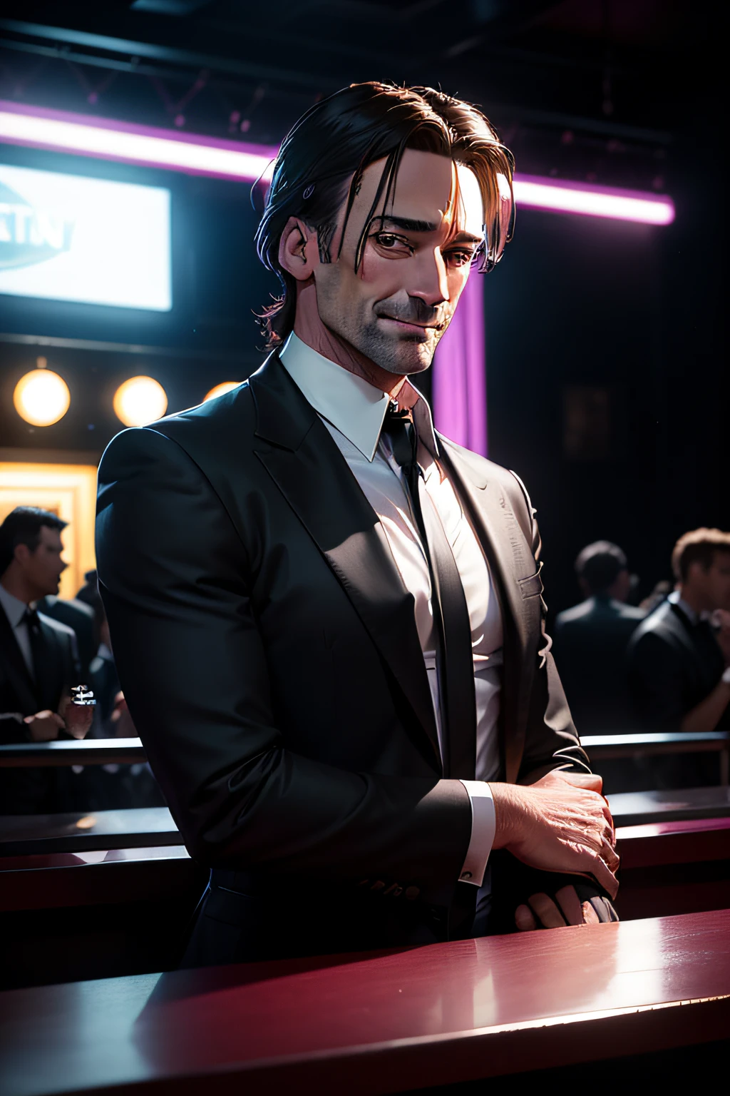 /imagine prompt: color photo of Jon Hamm in a night club
Jon Hamm stands confidently in a bustling night club, exuding charm and charisma. He is dressed in a sleek black shirt and matching trousers, exuding an air of sophistication. With his arms crossed, he leans against a bar counter, surveying the vibrant atmosphere. His gaze is forward, captivating the attention of those around him. A genuine smile graces his face, revealing his dazzling teeth. The photo captures the essence of Jon Hamm's magnetic presence, combining elegance and allure in one frame.
Camera settings: Shot with a high-end digital camera, utilizing a wide-angle lens to capture the energetic ambiance of the night club. The camera settings are adjusted to capture the vibrant colors of the venue, emphasizing the dynamic lighting and shadows. The photo is taken with a fast shutter speed to freeze the movement of the crowd, adding a sense of liveliness to the image.
Unlikely collaboration: Quentin Tarantino (director), Roger Deakins (cinematographer), Mario Testino (photographer), Alexander Wang (fashion designer) —c 10 —ar 2:3