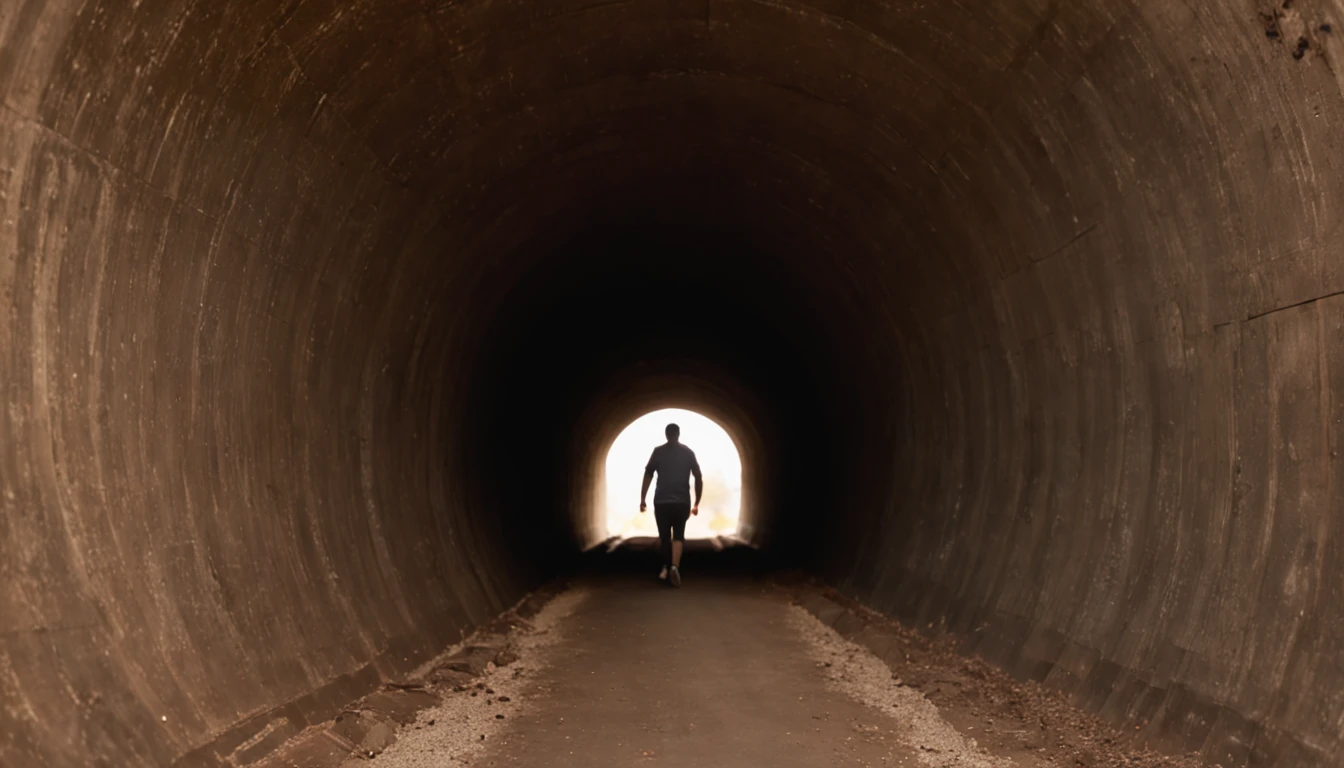 Uma capa emotiva que combina as mensagens "You are able" e "Deus te Capacitou". The image features a person walking through a dark tunnel, representando os desafios da vida. As you go, the bright light at the end of the tunnel reveals the hand of God, guiando e capacitando o caminho. The visual composition is loaded with symbolism, with colors that convey hope and confidence. Aspect ratio is optimized for attractive viewing on YouTube, inviting viewers to explore the message of overcoming and faith.