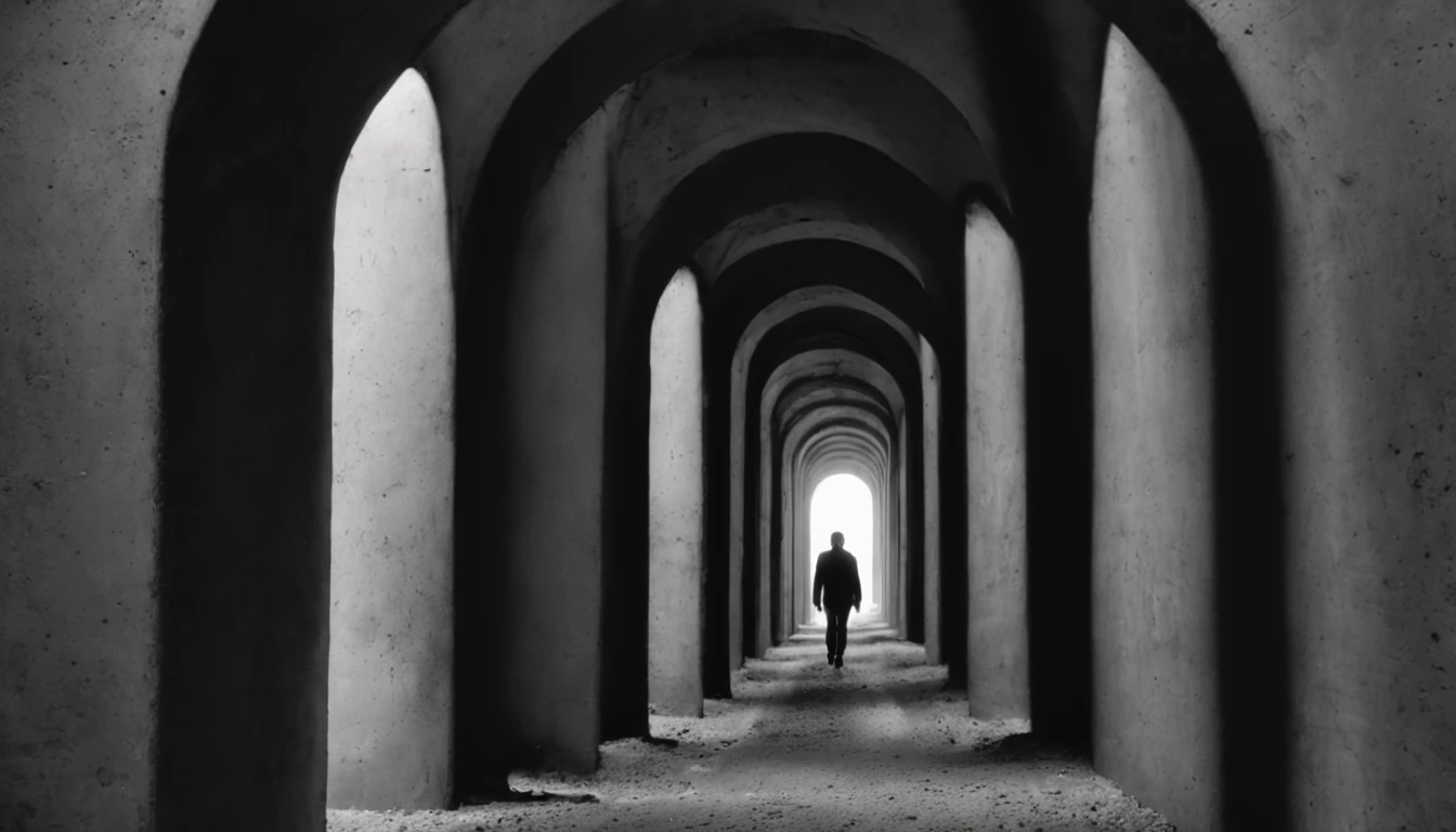 Uma capa emotiva que combina as mensagens "You are able" e "Deus te Capacitou". The image features a person walking through a dark tunnel, representando os desafios da vida. As you go, the bright light at the end of the tunnel reveals the hand of God, guiando e capacitando o caminho. The visual composition is loaded with symbolism, with colors that convey hope and confidence. Aspect ratio is optimized for attractive viewing on YouTube, inviting viewers to explore the message of overcoming and faith.