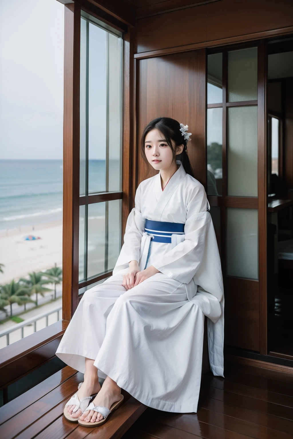 A teenager in a white Hanfu,Sitting on the window of the balcony,Beach sandals