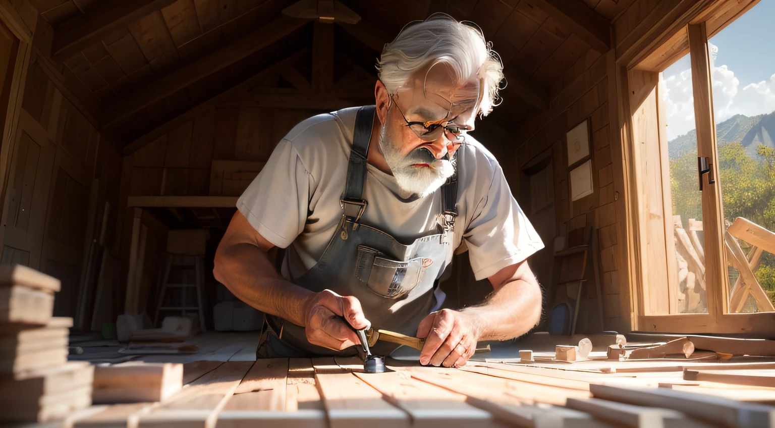 there is an OLD CARPENTER who is BUILDING A WOODEN HOUSE, HDR, ultrarrealista |, obra prima, (renderizado, quality of work-πrima, melhor qualidade), (obra-prima, Foto realista, .RAW,:1.4), (extremamente complexo:1.2), Close-up, cinematiclight, ultra high-resolution