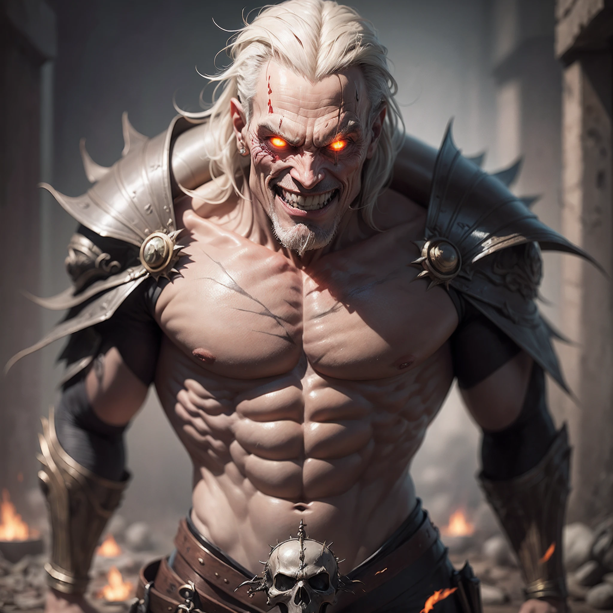an evil man with dark enegergy standing over dead bodies, macabre smile, villain, realistic, photo realism, HD , 4k --auto --s2