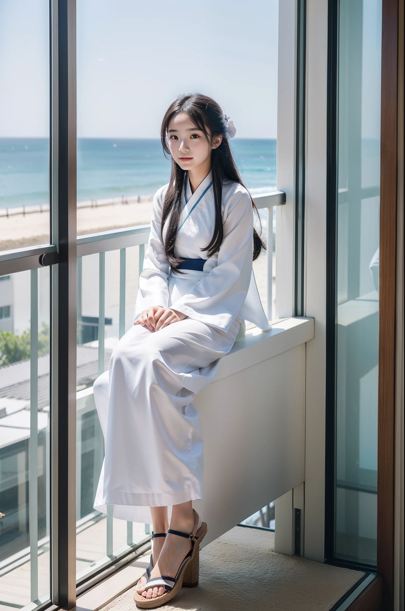 A teenager in a white Hanfu，Sitting on the window of the balcony，Beach sandals