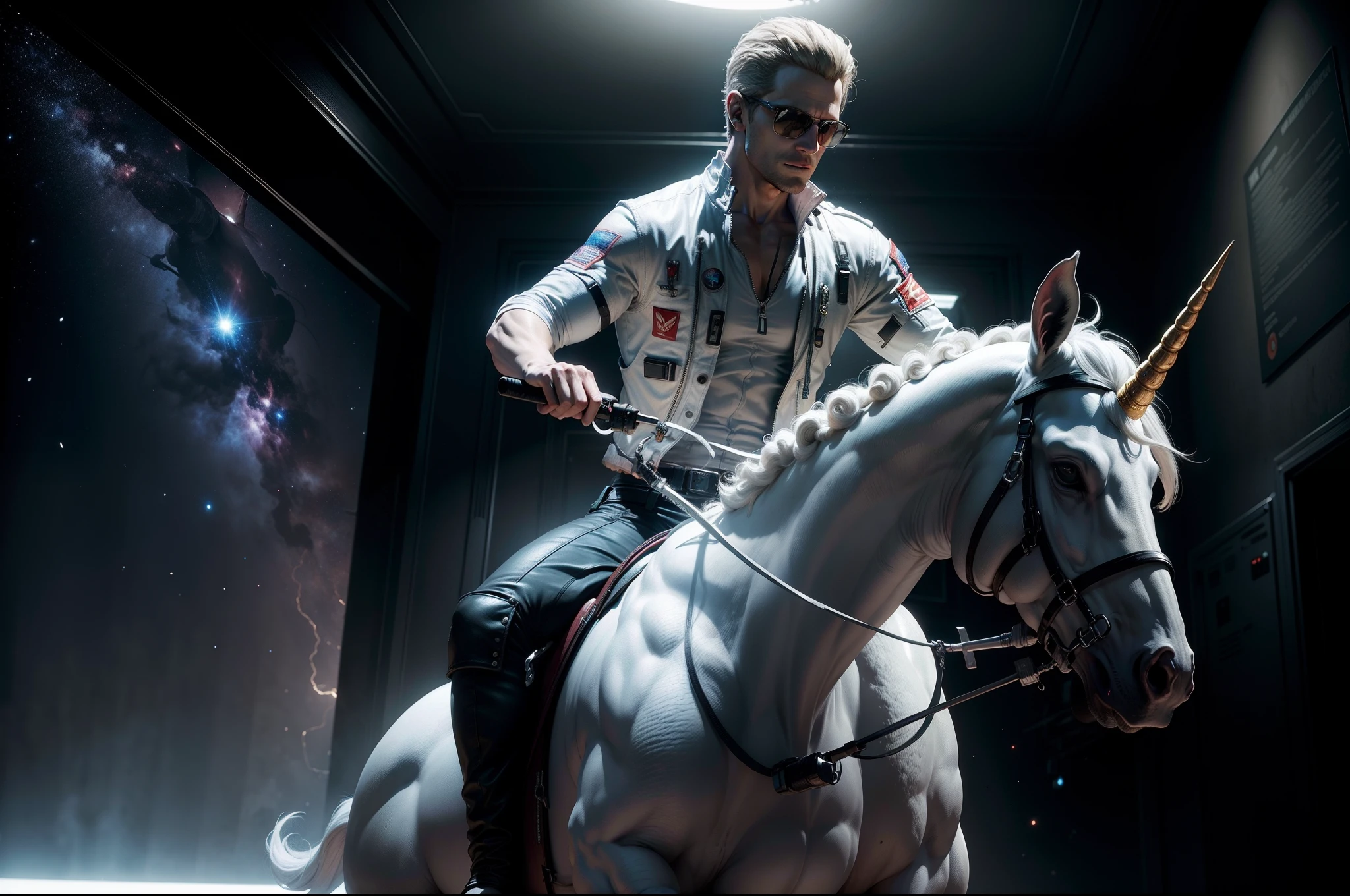 Albert wesker, shirtless, riding a white unicorn, unicorn horn, in space